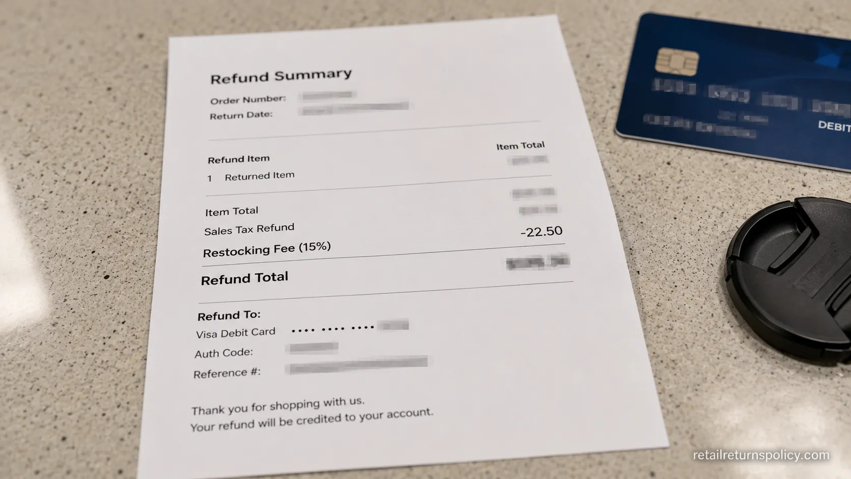 Best Buy refund summary showing a restocking fee deduction on a returned item.