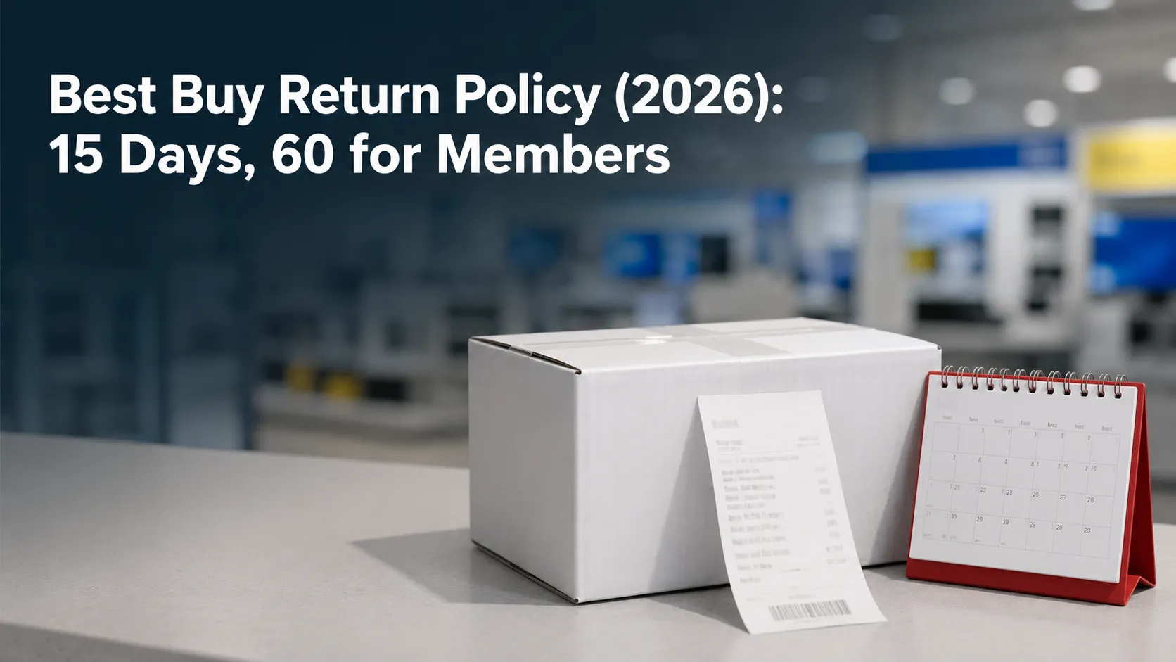 Sealed white return box with a receipt and red desk calendar on a retail counter illustrating the Best Buy return policy for 2026, including 15-day returns and 60-day member returns.