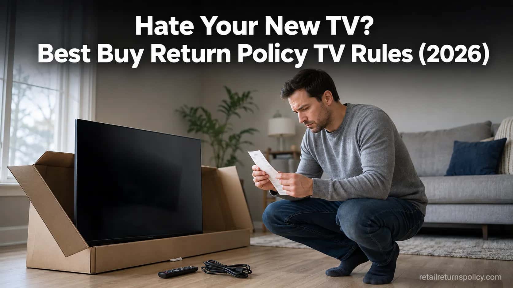 Shopper checking a receipt beside a 55-inch Best Buy TV in its open box before returning it.
