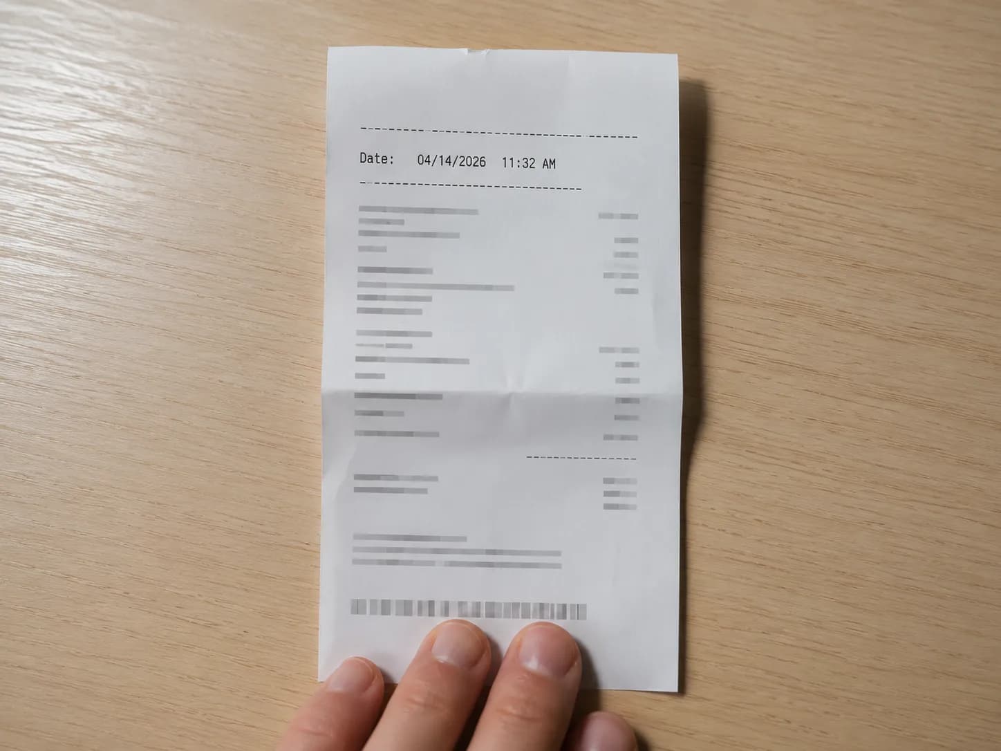 Close-up of a folded store receipt on a wooden table held flat by fingertips, illustrating a day 43 Best Buy member return example without showing any identifiable personal or brand information.