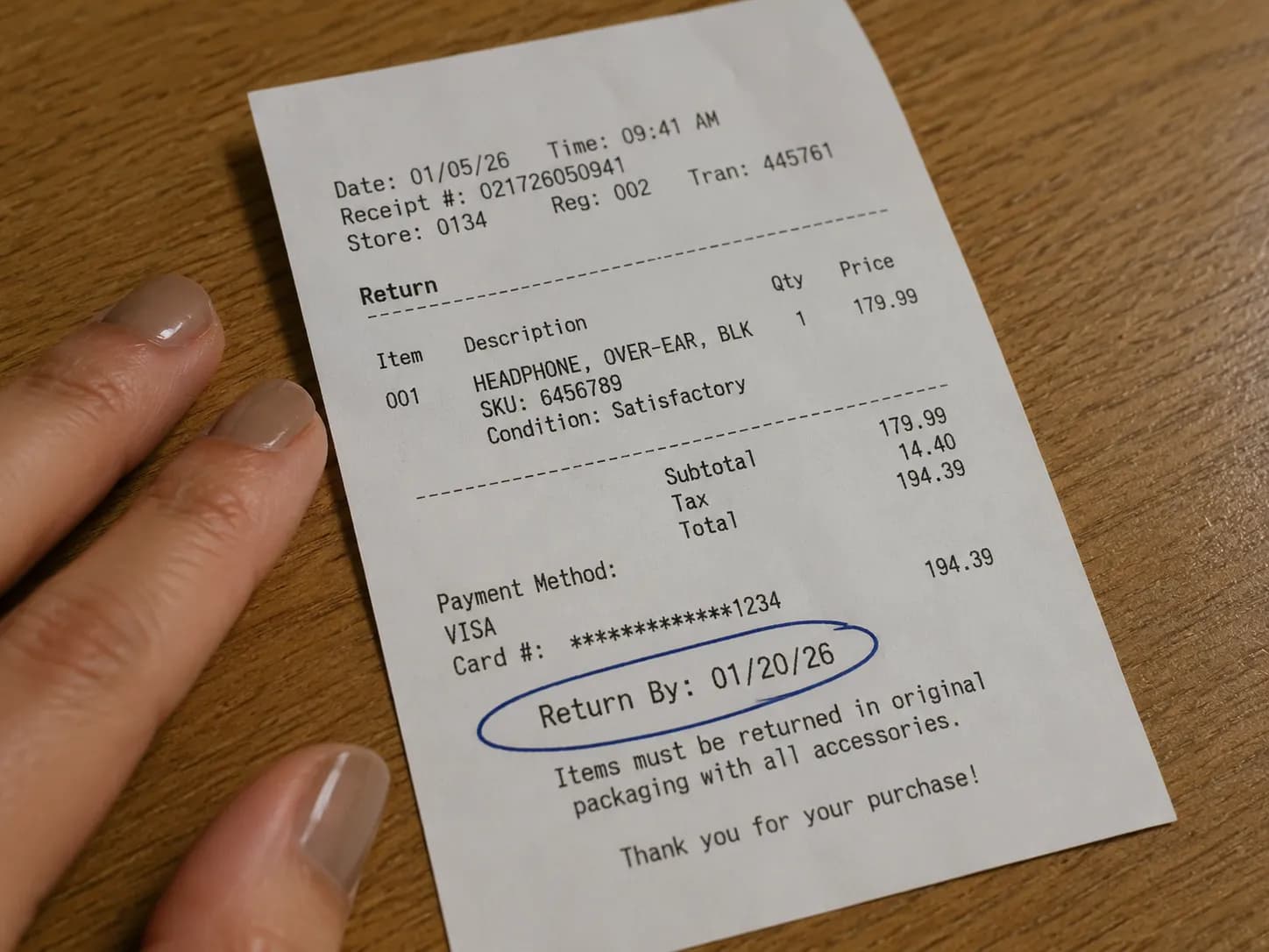 Representative illustration of a retail return receipt on a wooden table with the printed return-by date circled in blue pen, a hand resting beside the receipt under warm indoor lighting.