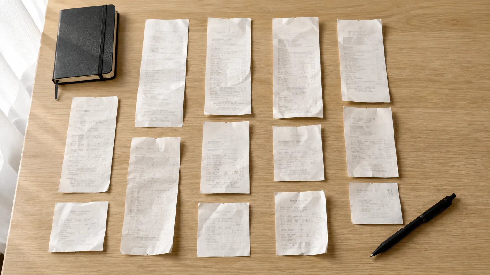 Overhead photo of eleven receipts and printed slips from a March–June 2026 return test arranged by date on a light wood desk with a notebook and pen, illustrating the testing methodology.