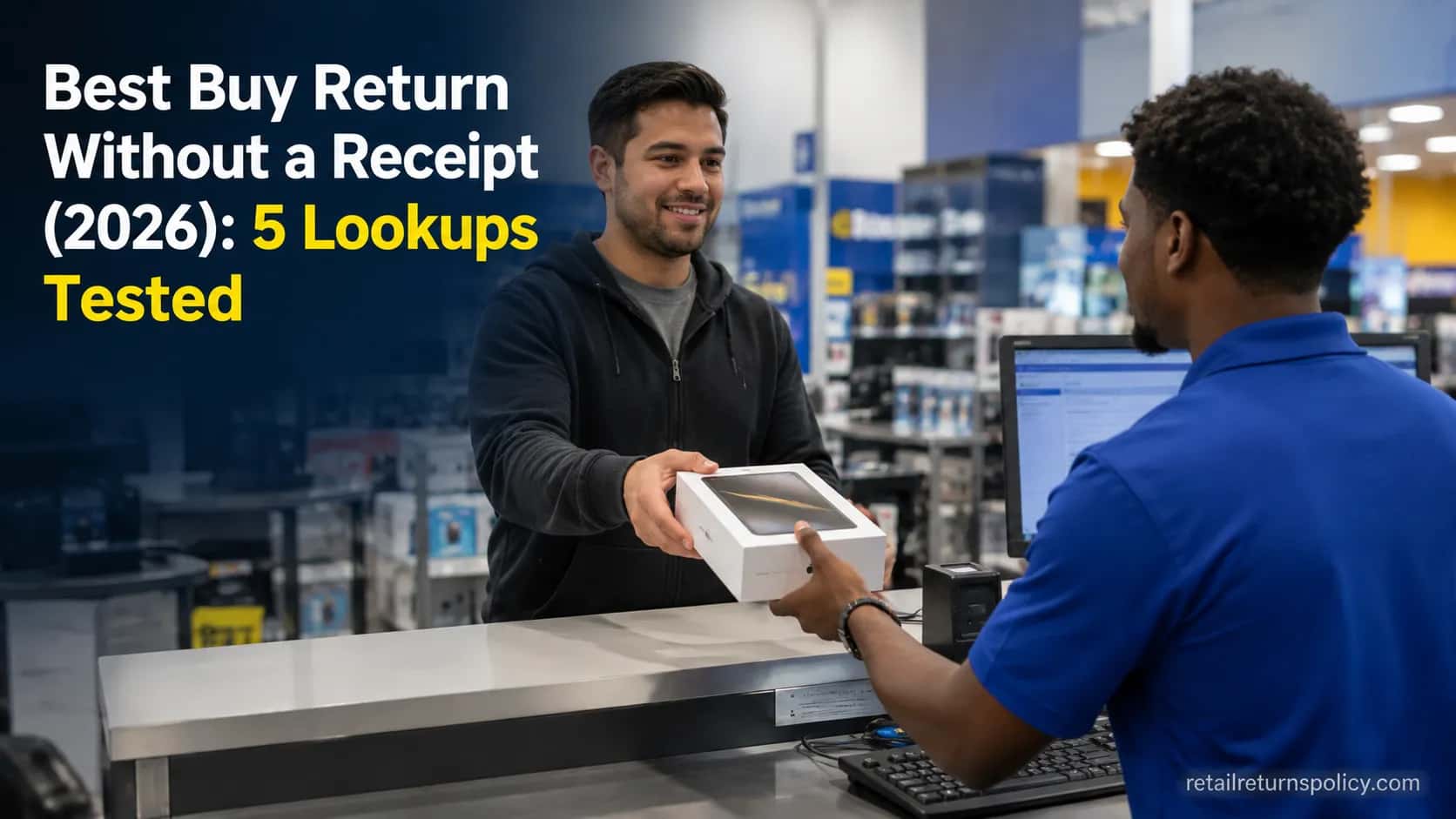 Shopper making a Best Buy return without a receipt at a store service counter