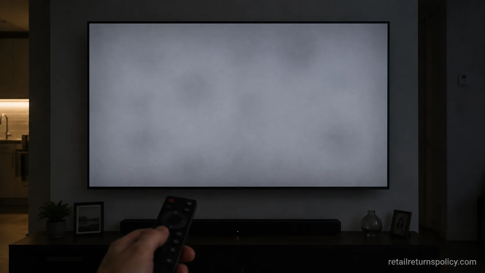 New TV showing a gray test slide to check for dirty screen effect before a Best Buy return.
