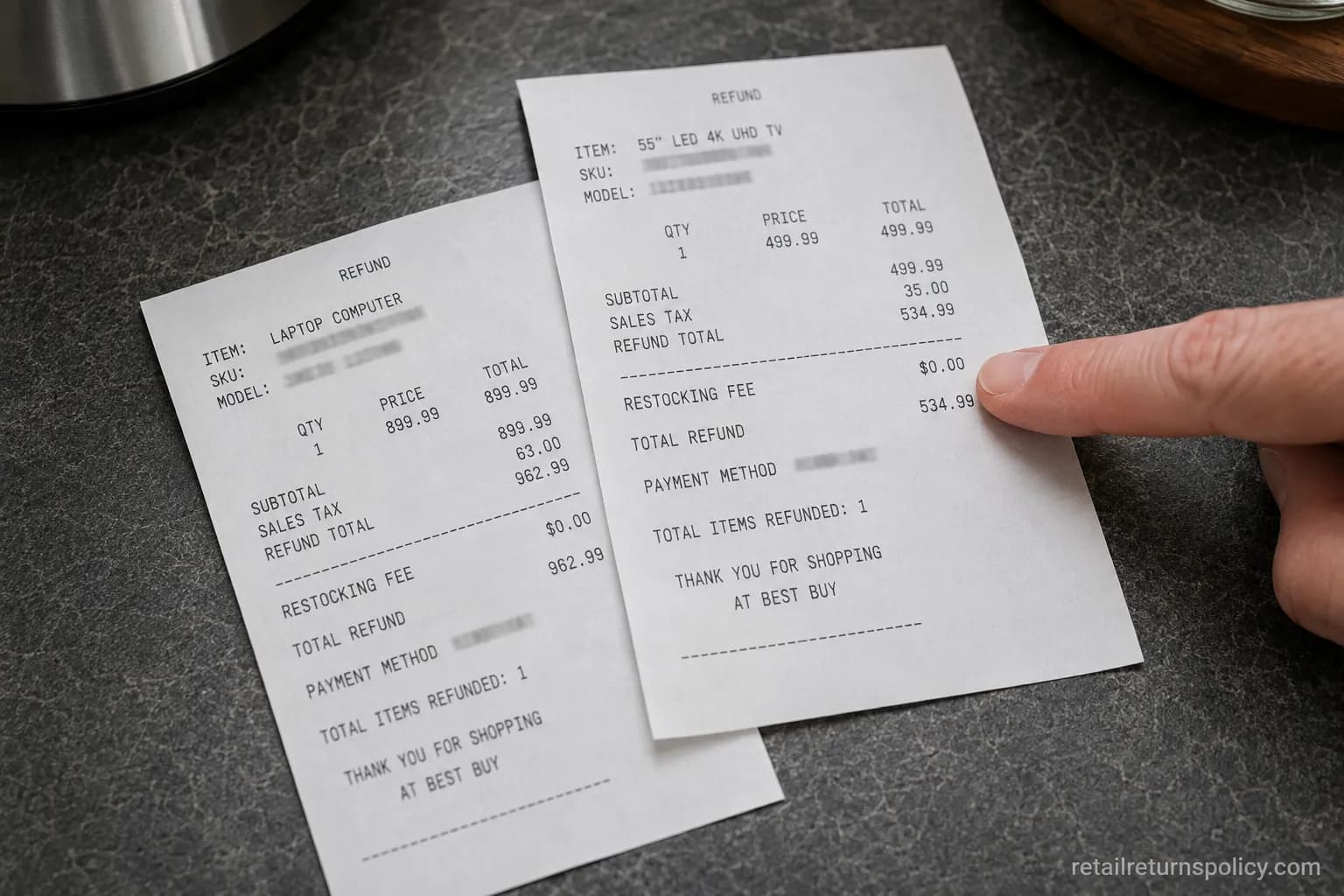 Two Best Buy refund receipts showing no restocking fee on a returned TV and laptop.