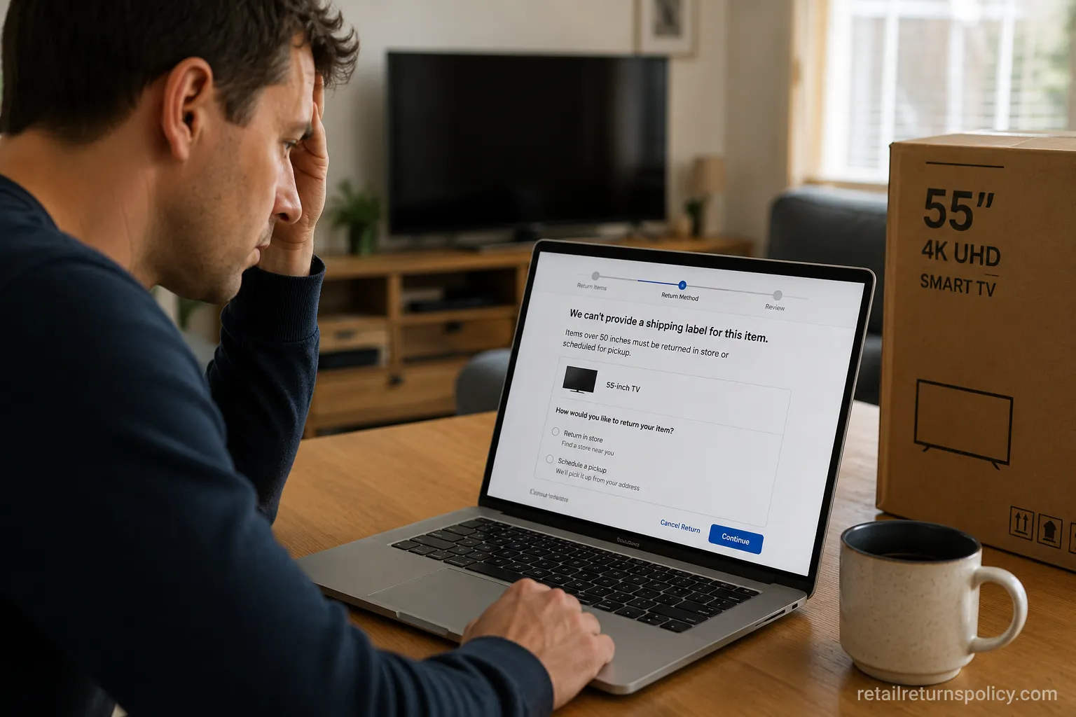 Best Buy online return being blocked for a TV over 50 inches, requiring in-store or pickup return.