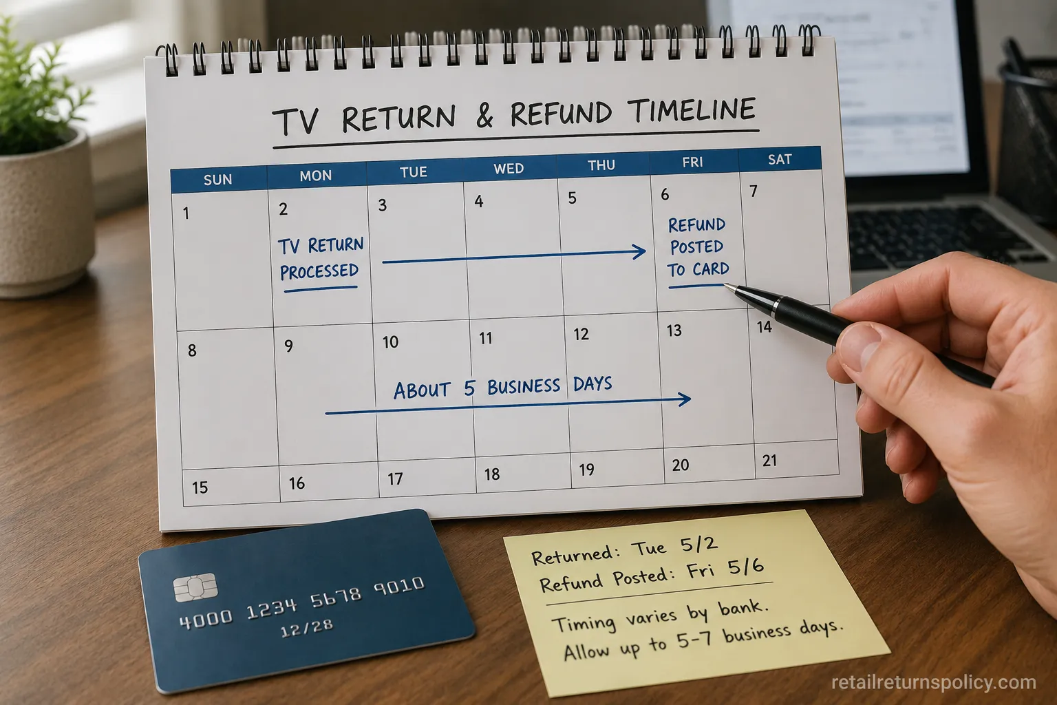 Calendar and payment card illustrating a Best Buy TV refund posting about five business days after return.