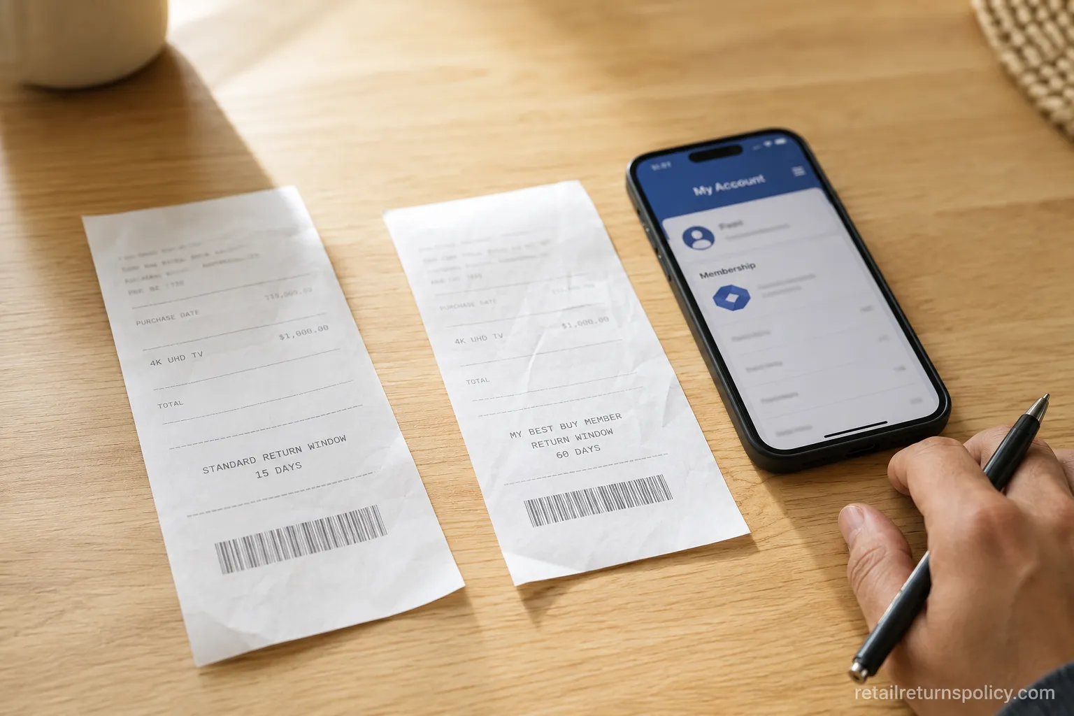 Two receipts and a phone used to compare Best Buy standard 15-day and member 60-day TV return windows.