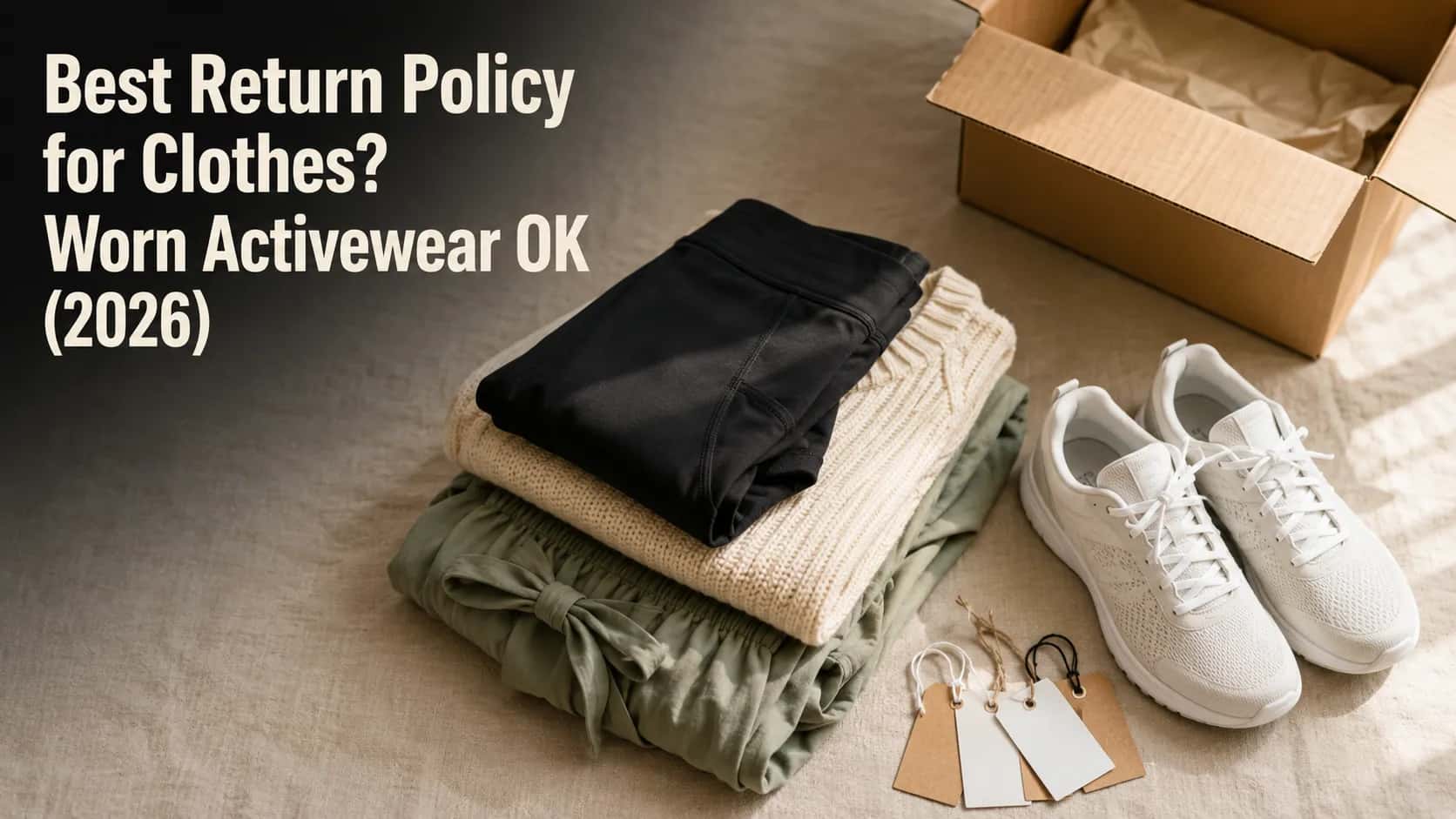 Folded stack of women's clothing with white sneakers, an open shipping box, and price tags on a neutral linen surface, illustrating a 2026 comparison of clothing return policies.