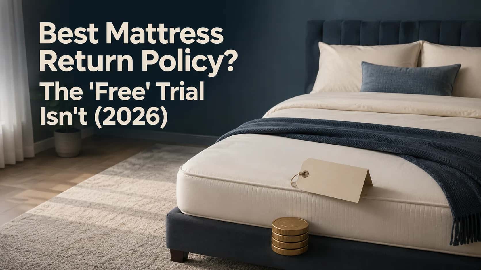 Editorial illustration of a neatly made queen bed with a folded price tag and stacked coins, representing the hidden costs and fees behind free mattress sleep trials and return policies in 2026.