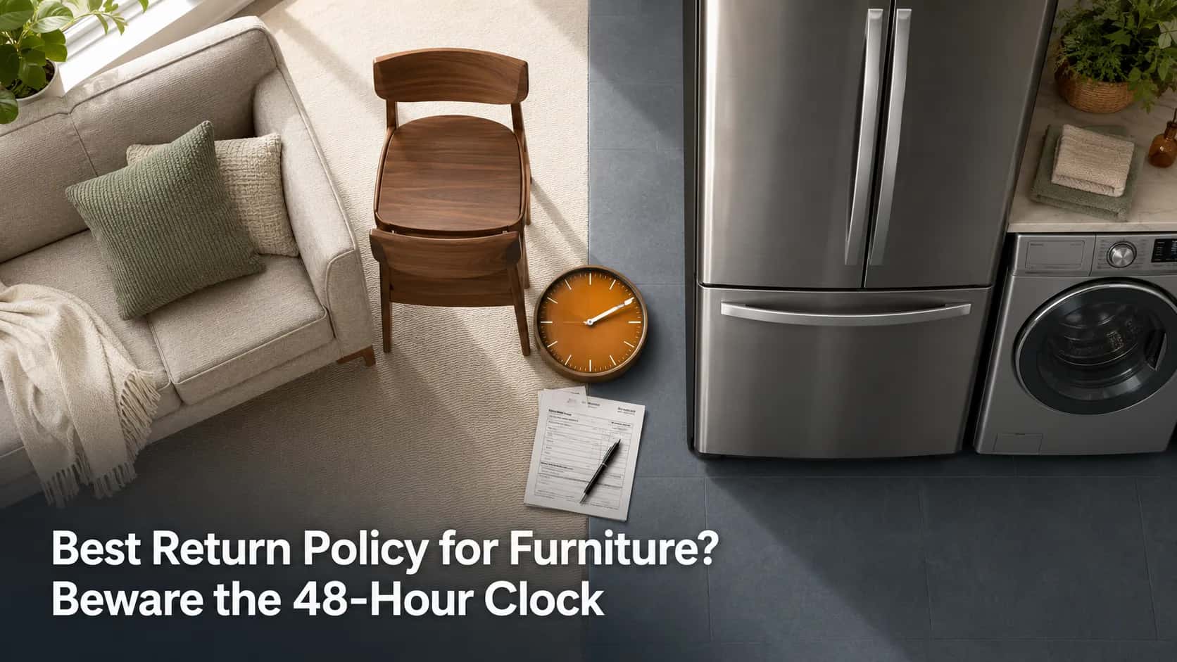 Top-down illustration comparing living room furniture and home appliances with a clock highlighting a 48-hour return window for furniture return policies.