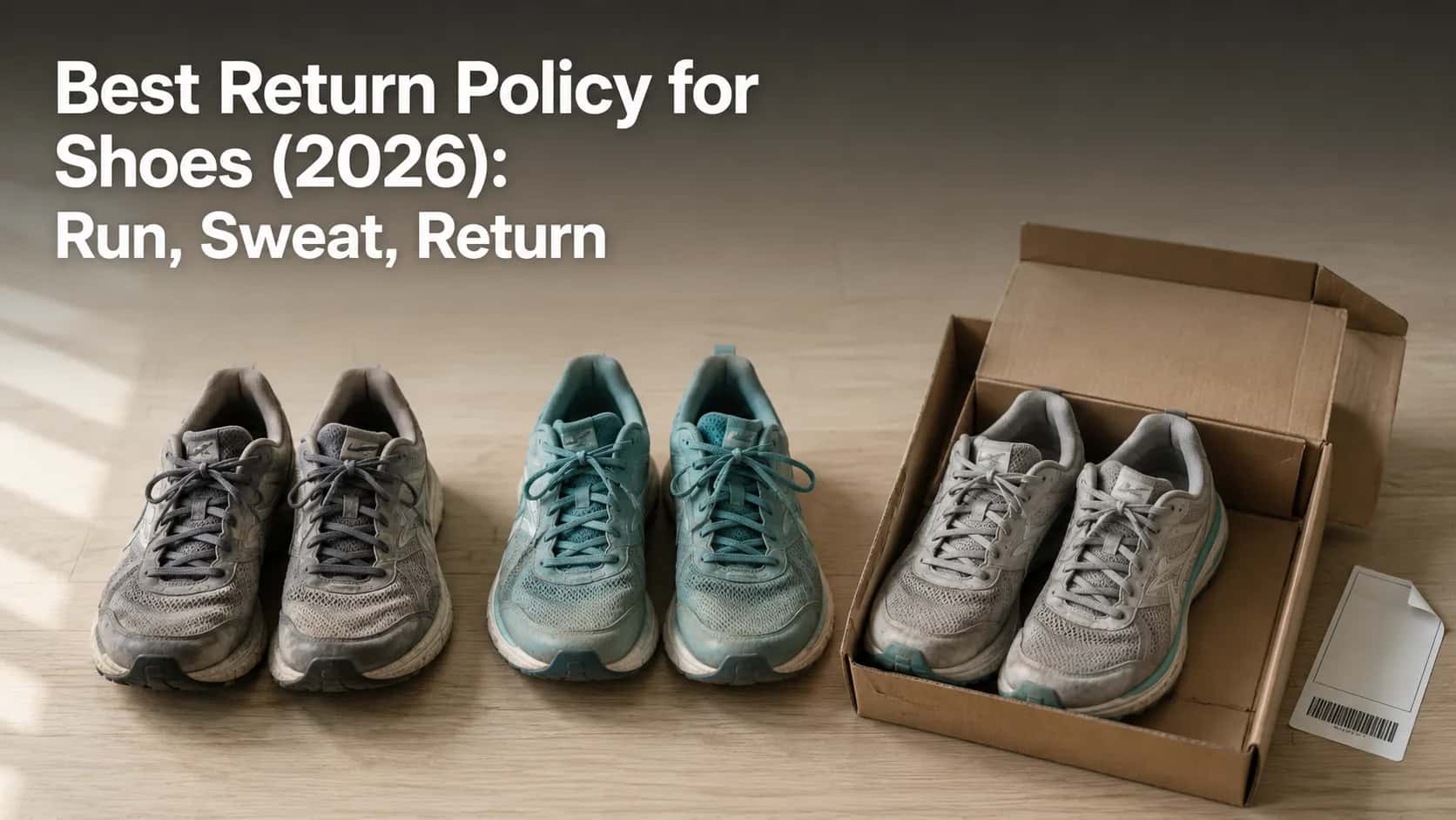 Three pairs of well-used road running shoes on a light wood surface, with one pair partially inside an open shipping box beside a prepaid return label, illustrating shoe return policies.