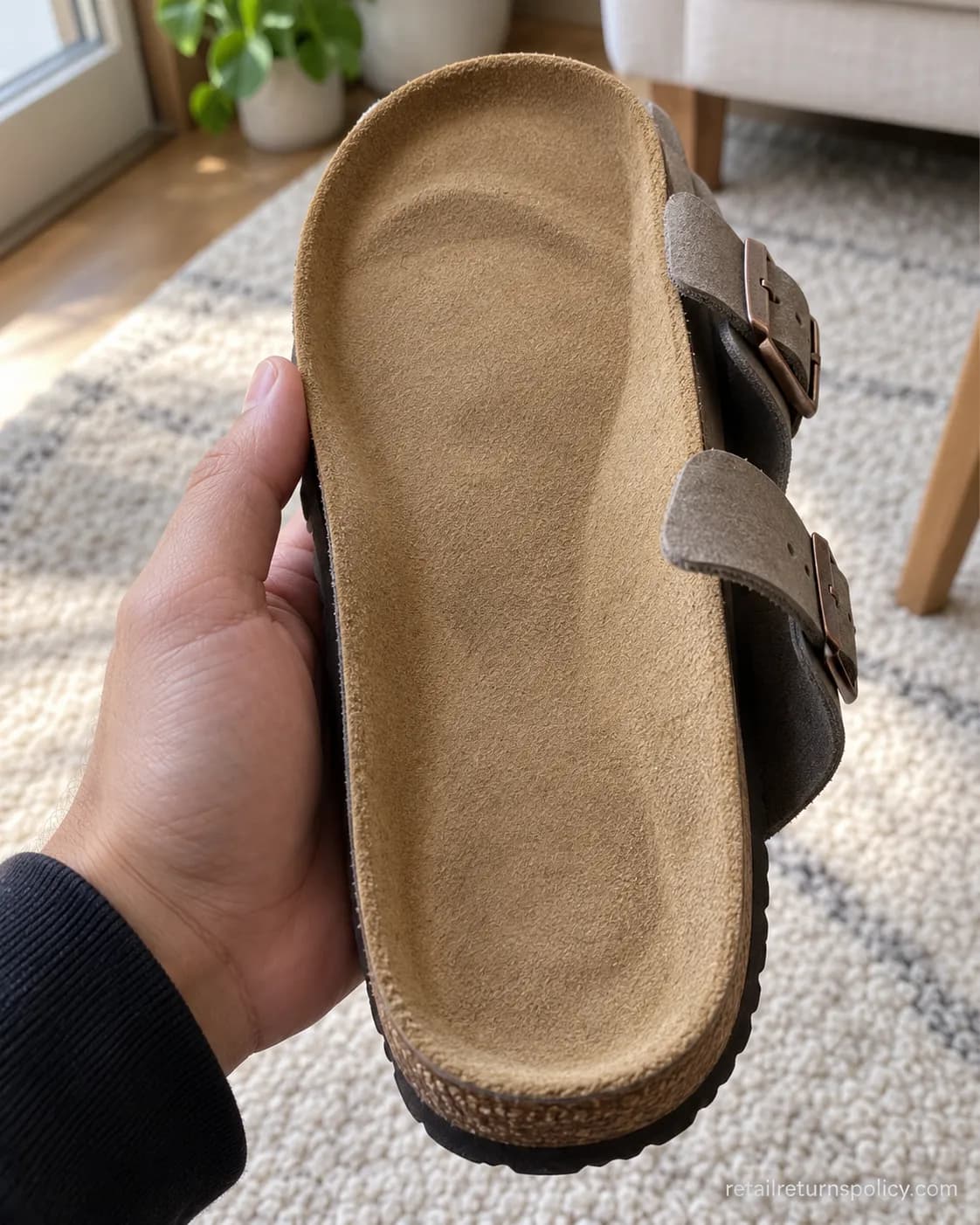 Clean unworn Birkenstock suede footbed held in hand after an indoor try-on.