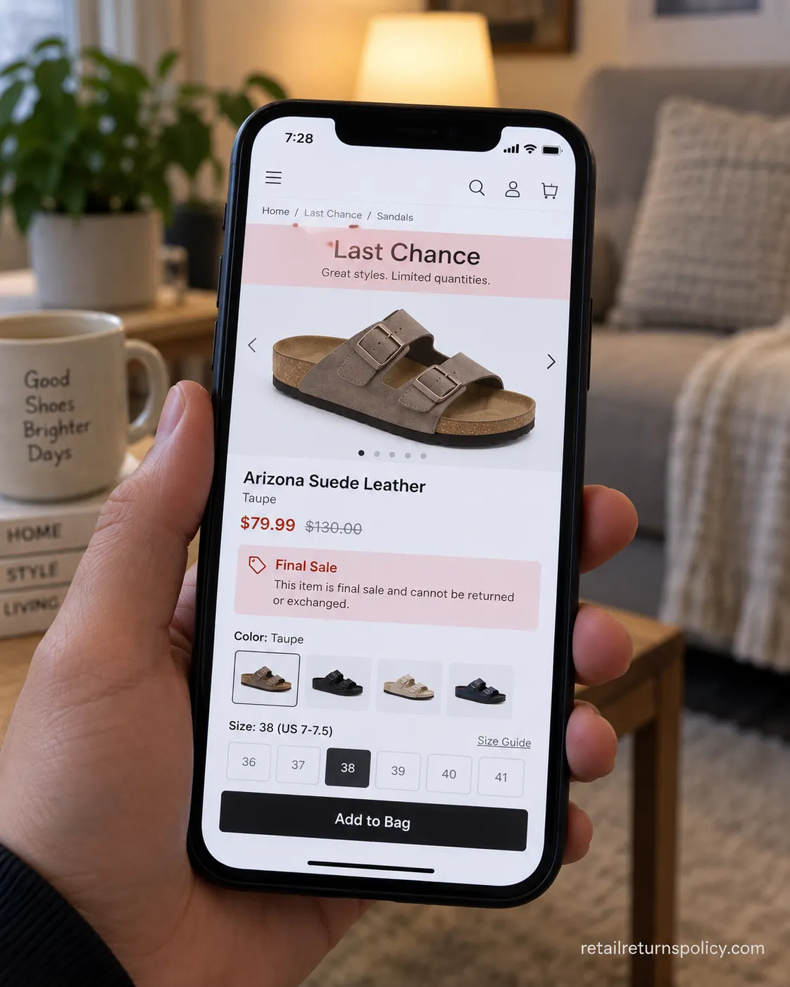 Birkenstock Last Chance clearance page showing a final sale notice on a phone.