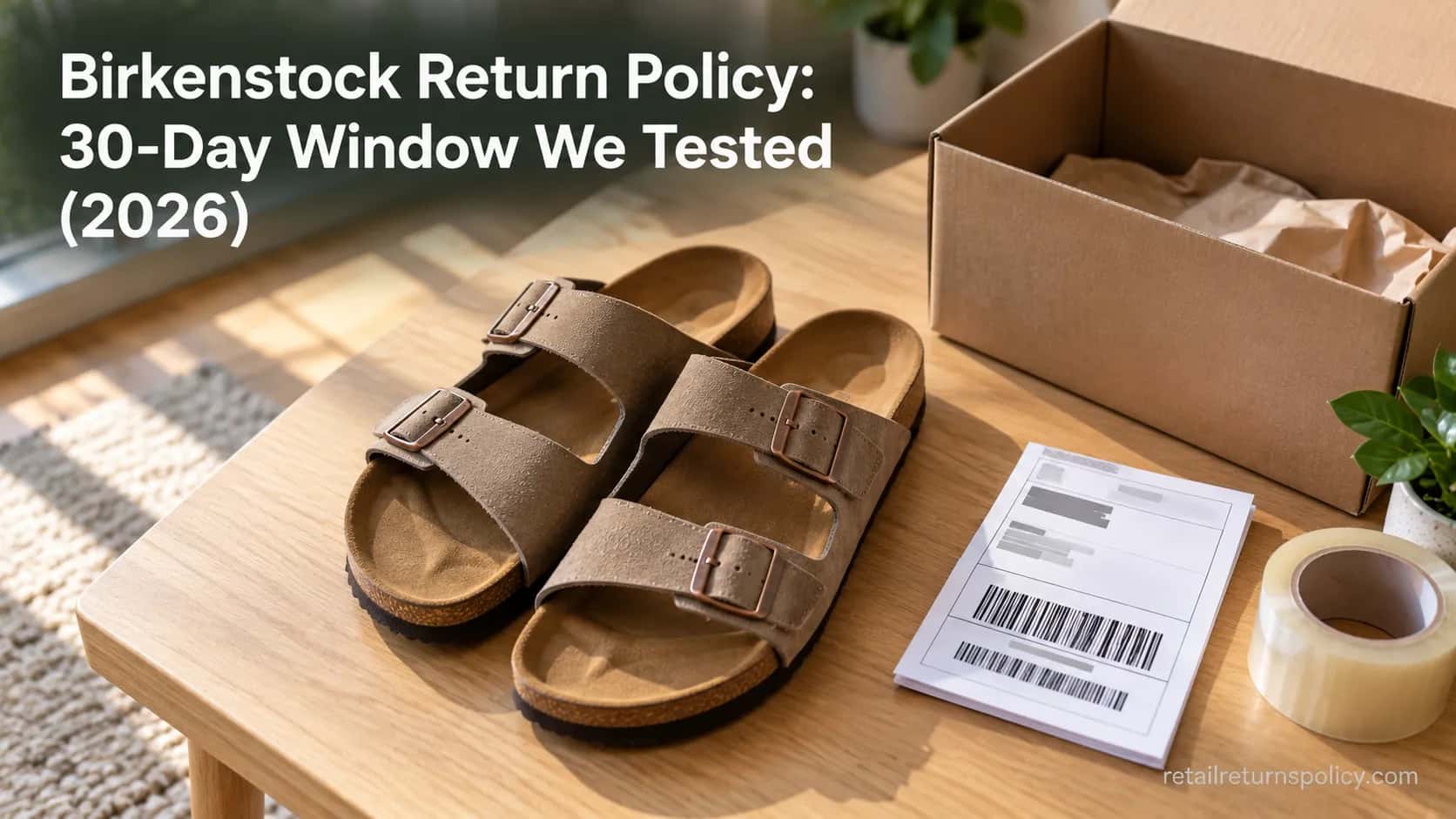 Tan suede Birkenstock sandals with a shipping box and return label on a wood table