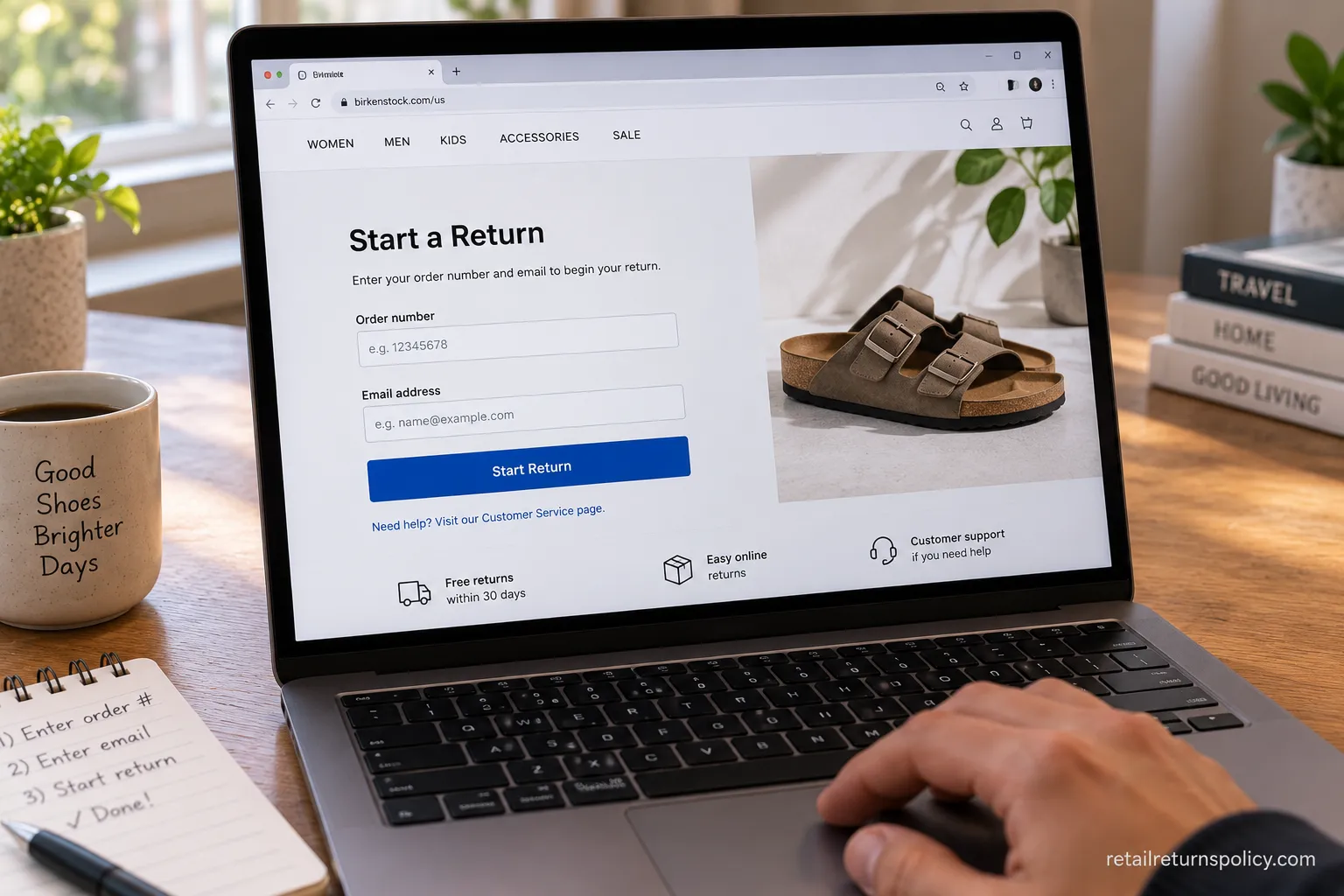 Birkenstock US returns portal showing the order number entry screen.
