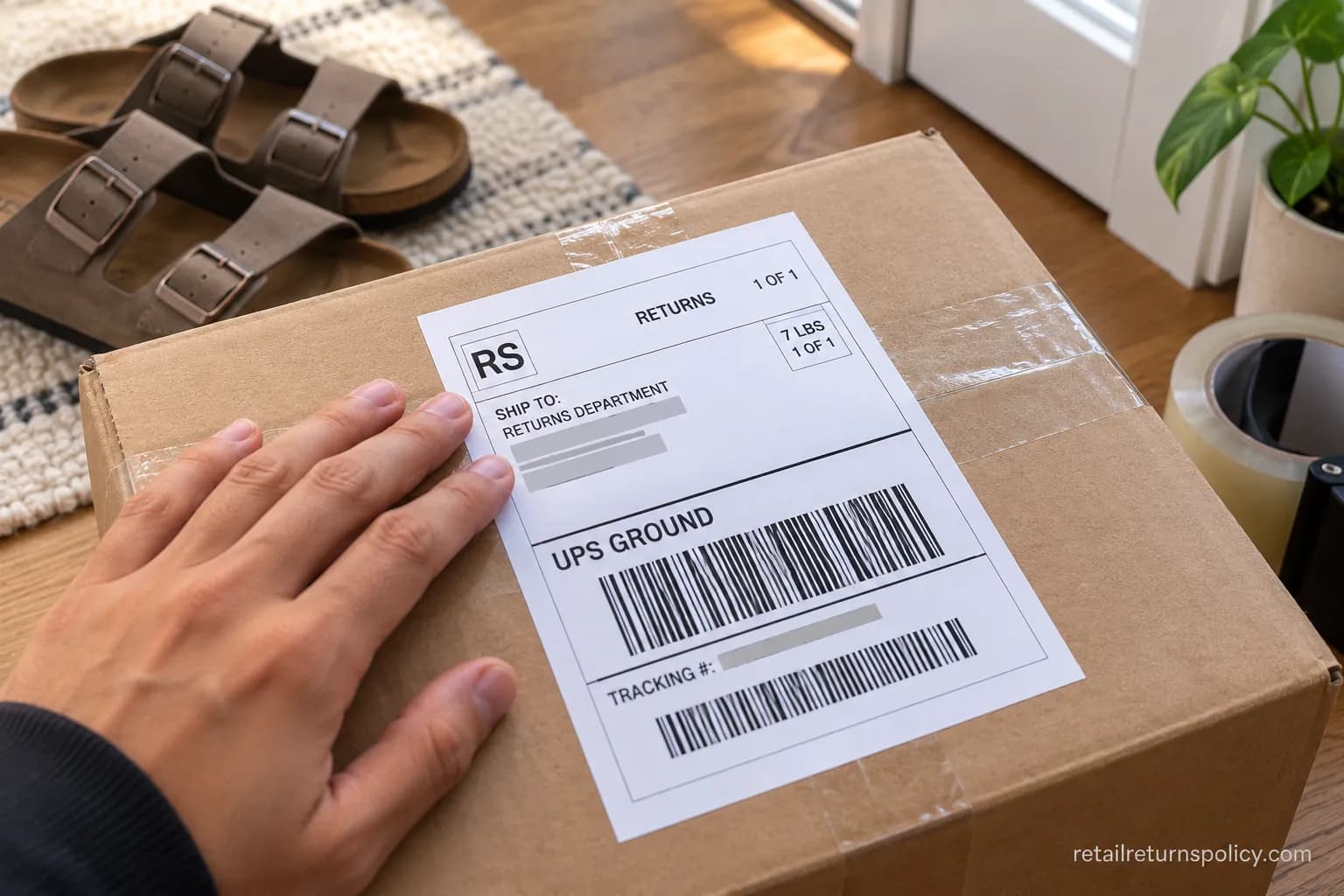 Prepaid UPS return label with barcode taped to a Birkenstock return parcel.