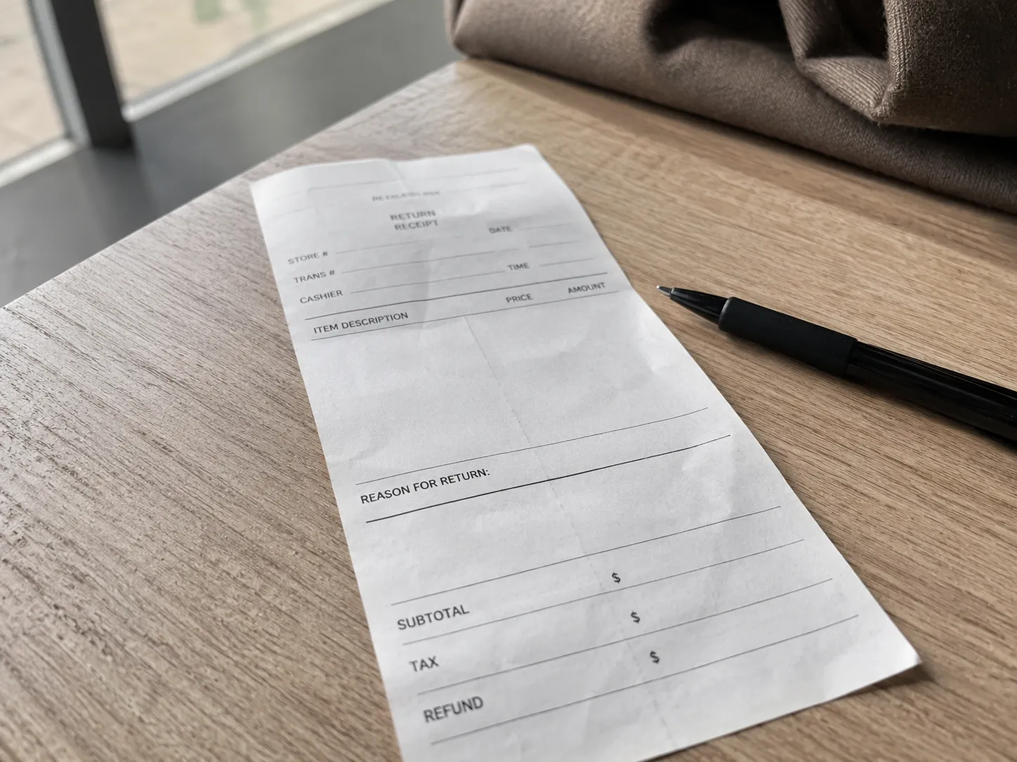 Close-up of a store return receipt on a light wood counter with the "reason for return" field left blank and a black pen beside it.
