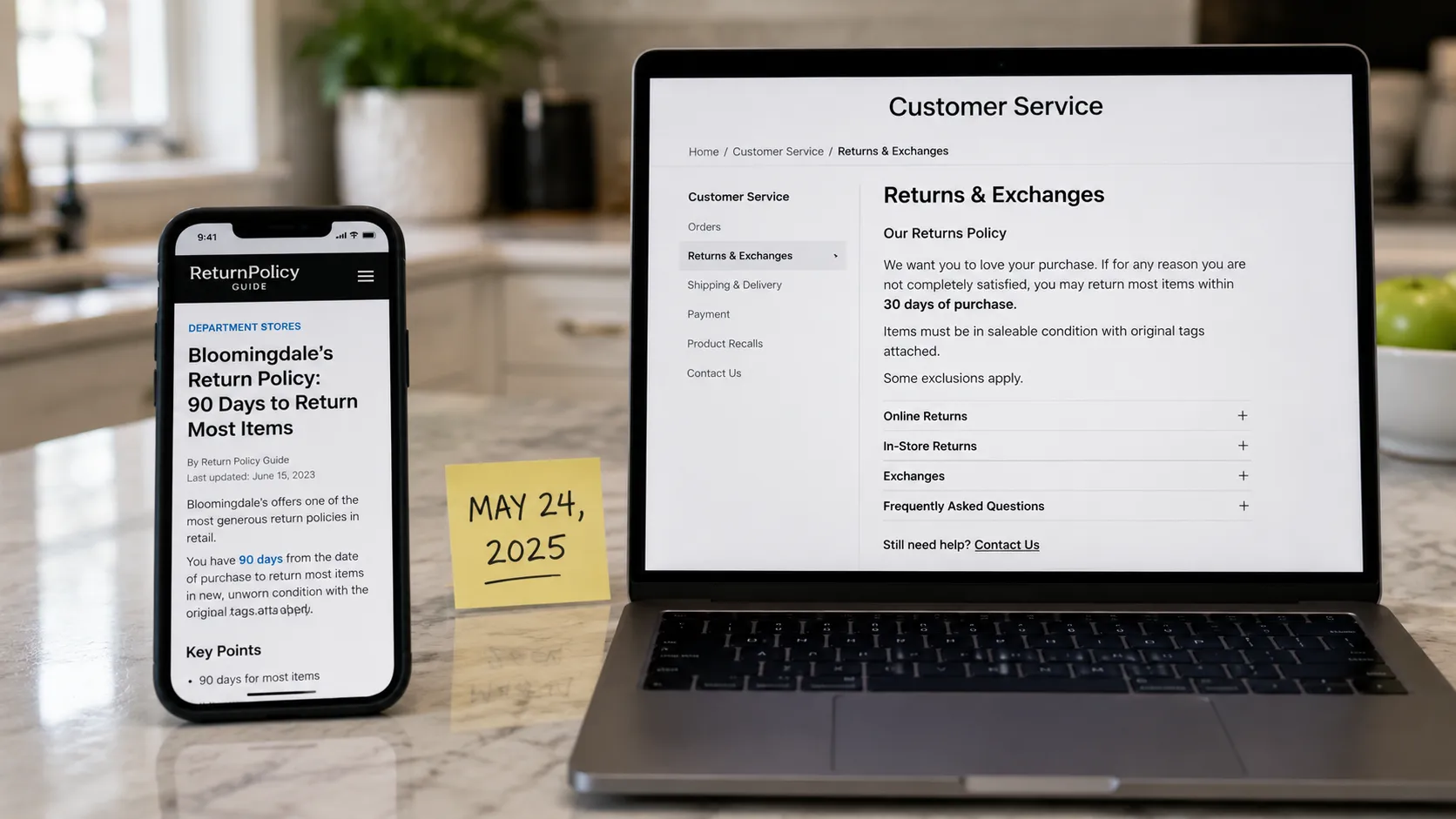 Bloomingdale’s current 30-day return policy shown next to an outdated 90-day claim