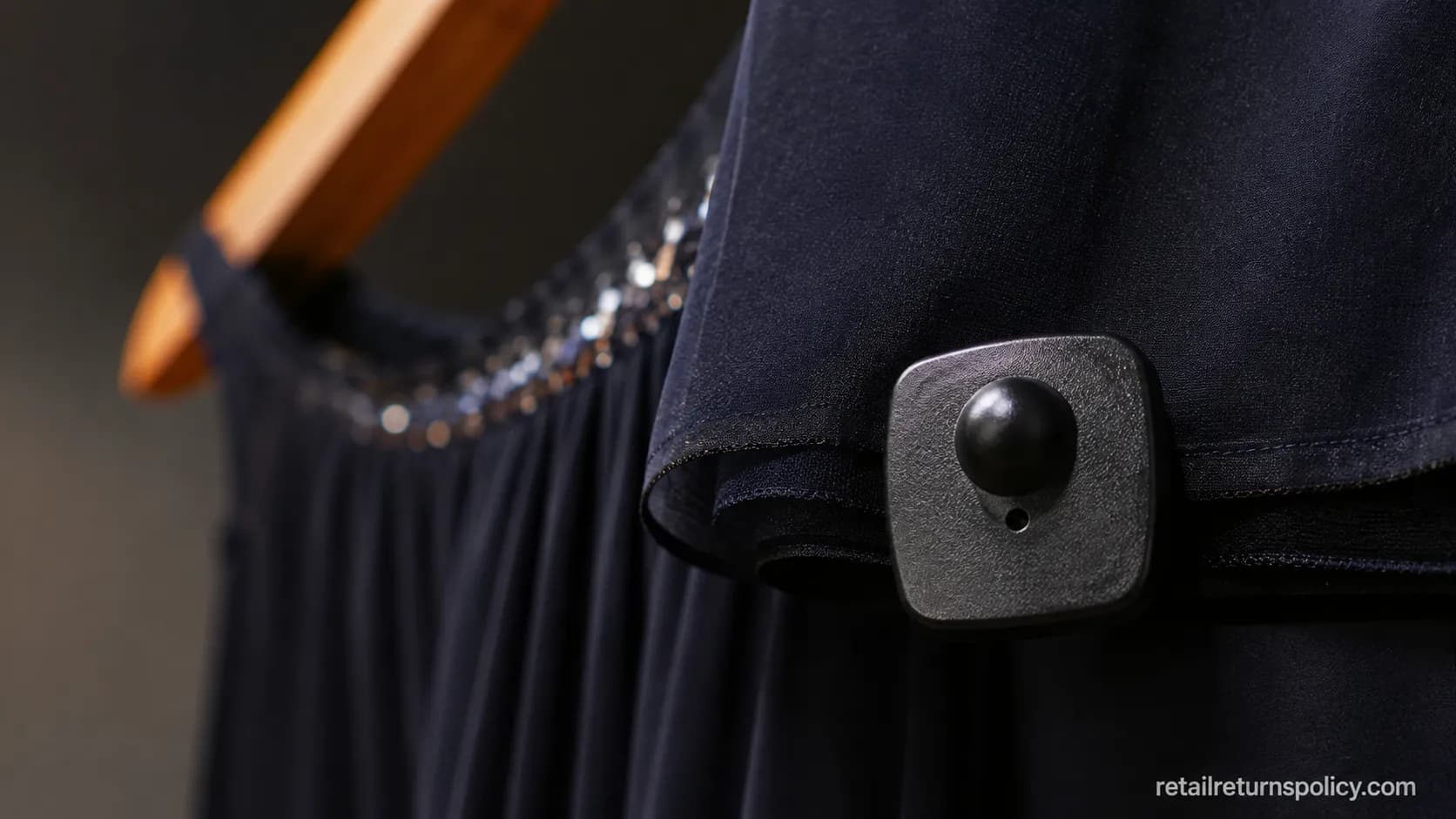 Intact black Bloomingdale’s B-Tag security tag on the hem of an evening dress