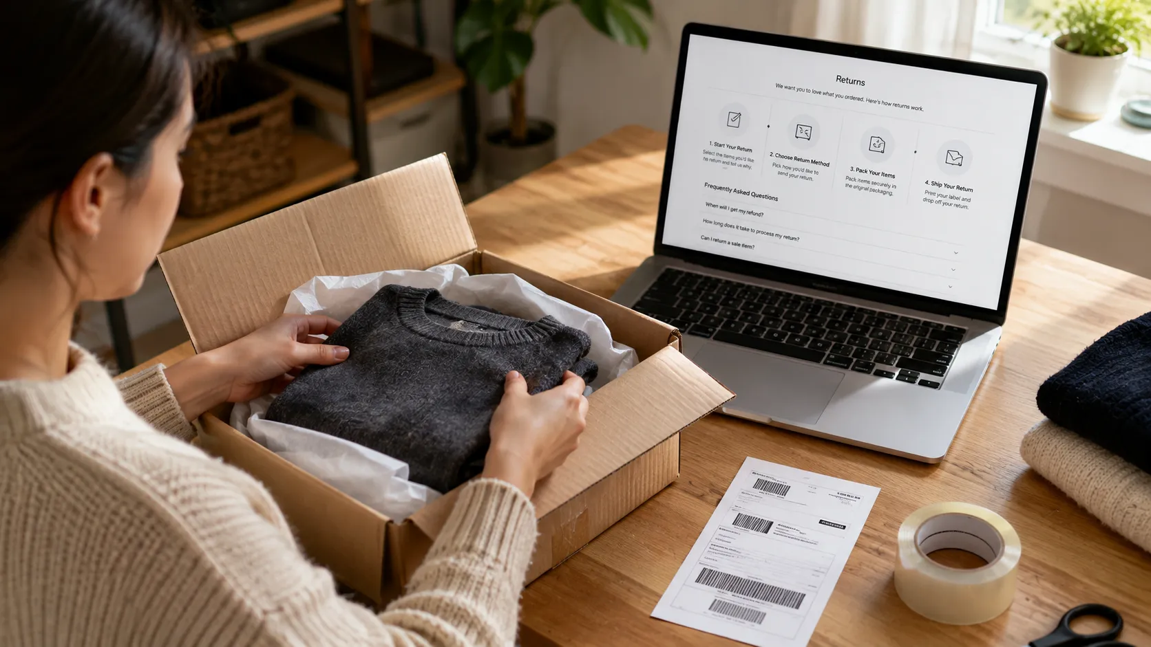 Person packing a Bloomingdale’s online return with a laptop showing the returns page