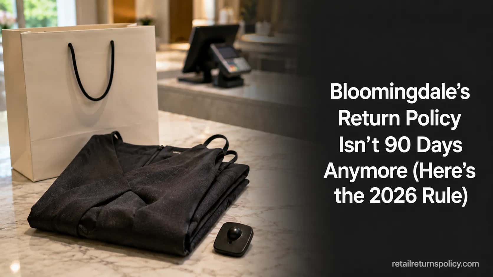 Bloomingdale’s return policy 2026 guide cover with designer dress and security tag