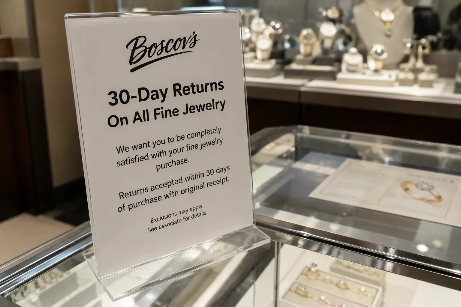 Boscov’s jewelry counter sign showing the 30-day return window, the source of the 30-day myth.