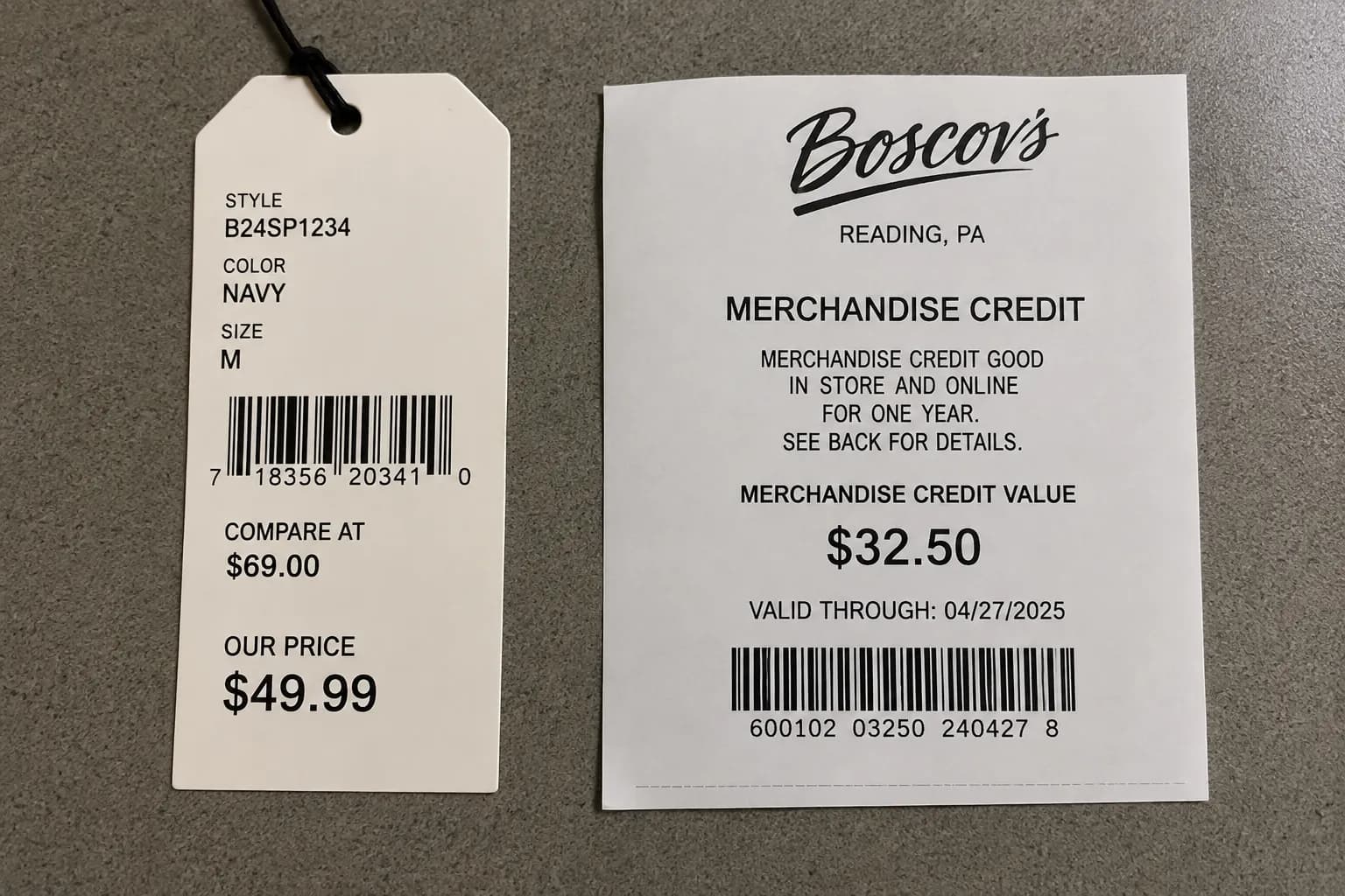 Boscov’s merchandise credit slip valued below the item’s original price tag after a no-receipt return.