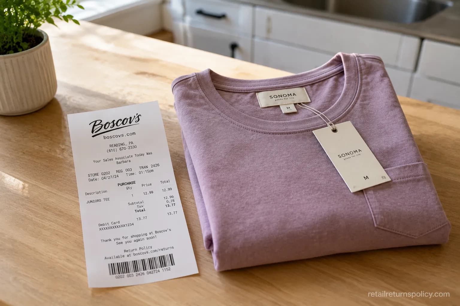 Boscov’s receipt next to a folded top with tags, showing proof of purchase for a return.