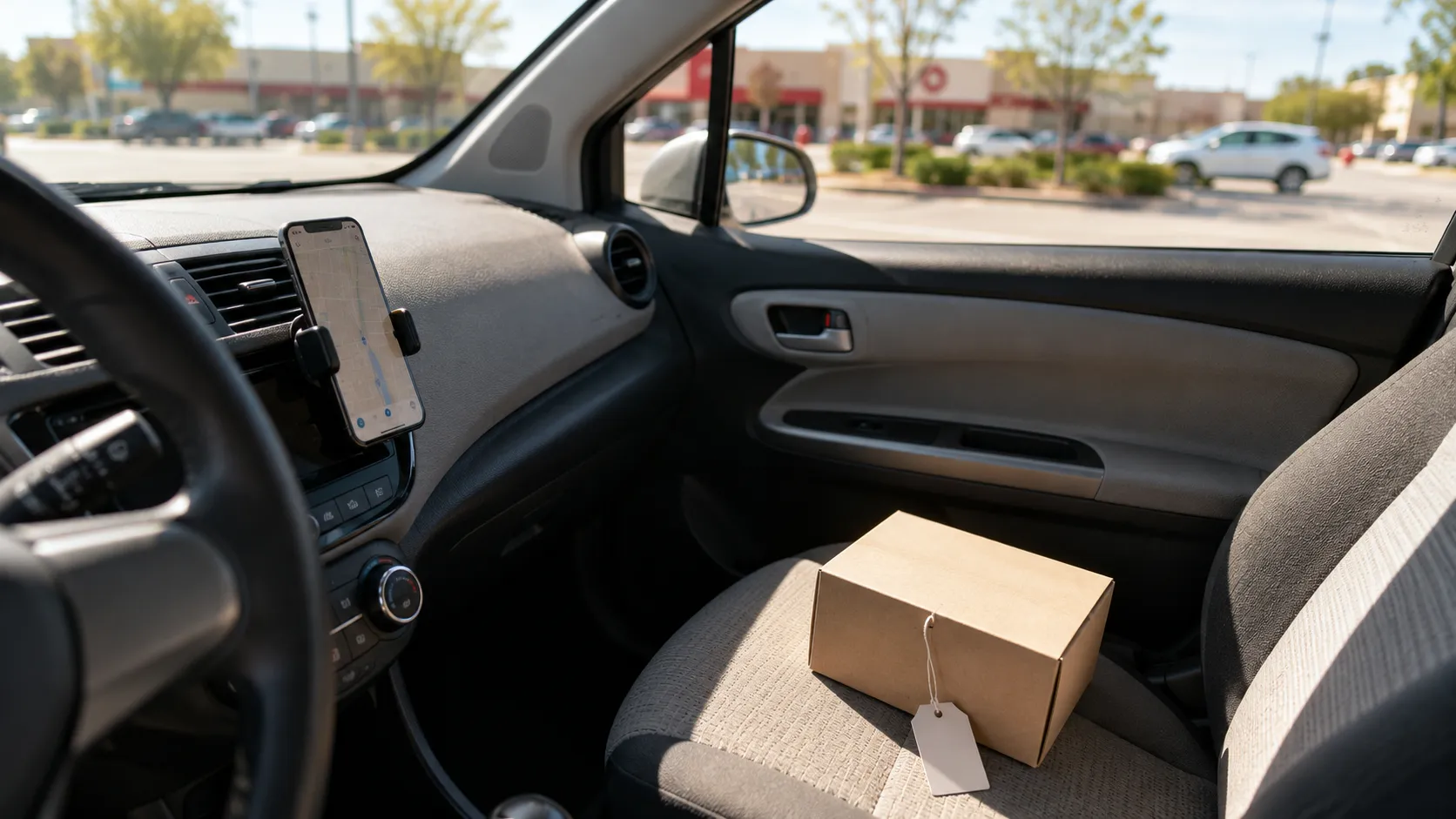 Documentary-style photo of a boxed item with its paper tag still attached on a car passenger seat, illustrating that the tag remained intact after unboxing and before a return.