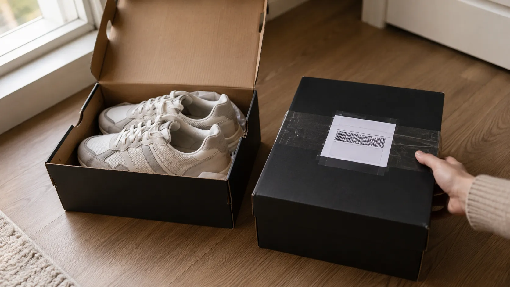 Two identical shoeboxes, one kept open and one sealed with a return shipping label, illustrating a bracket order return.