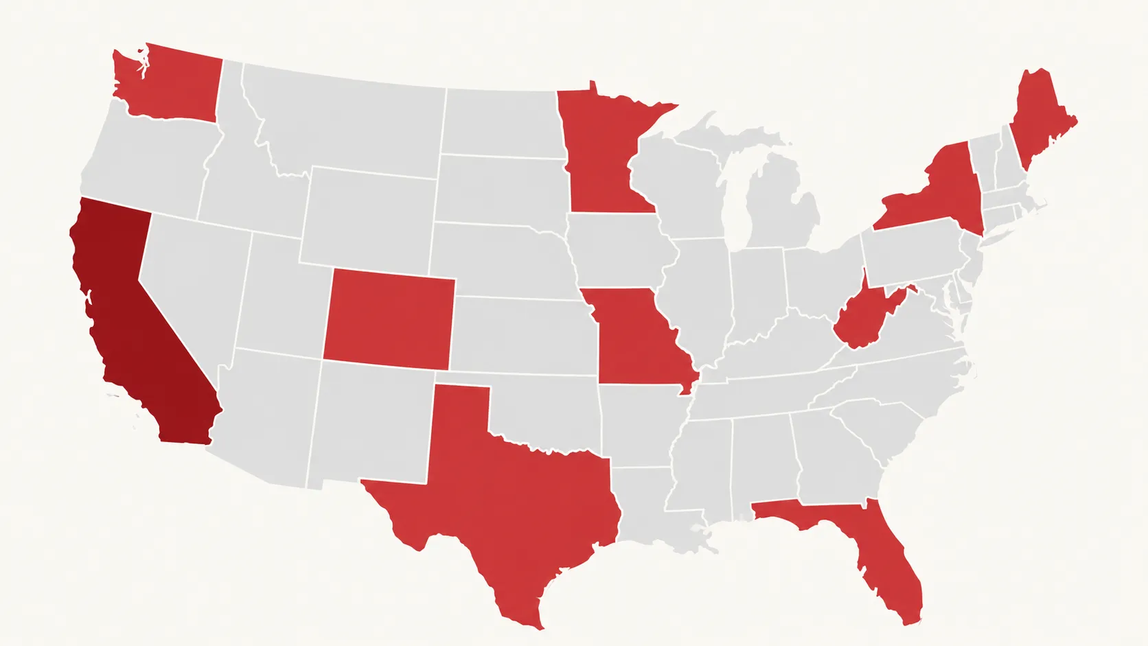 Illustrative vector map of the United States highlighting selected states, with California emphasized to represent higher gift card cash-out thresholds after the April 2026 increase.