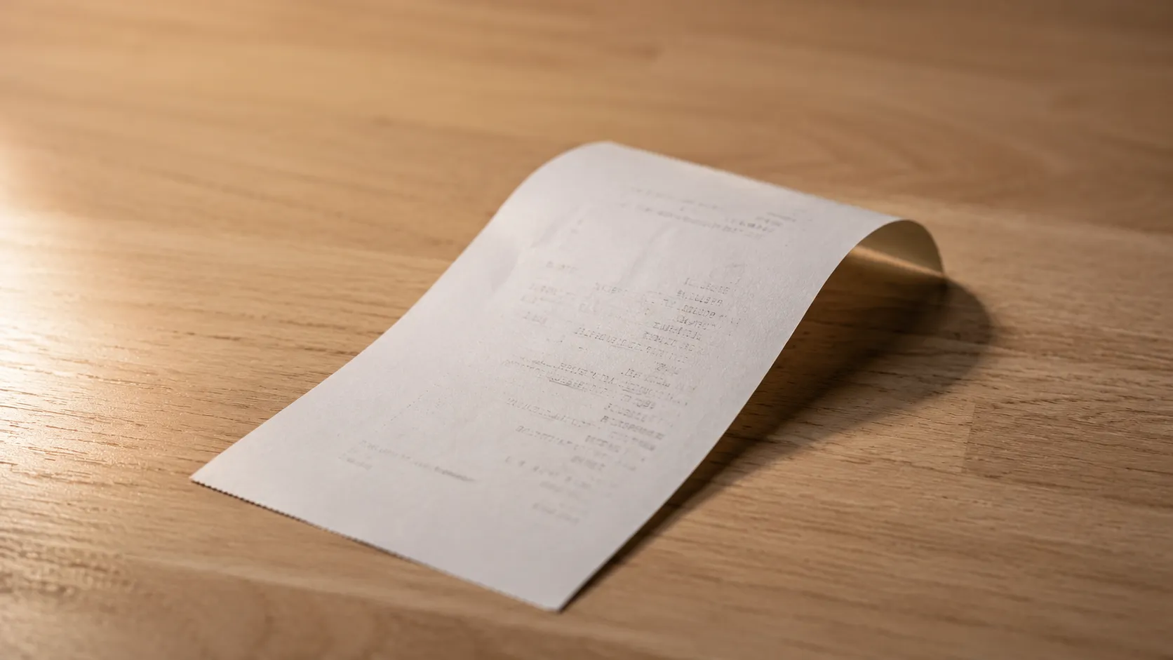 Representative overhead photograph of a plain thermal receipt resting on a light oak counter with warm side lighting, illustrating a California service desk cash-out receipt for a remaining gift card