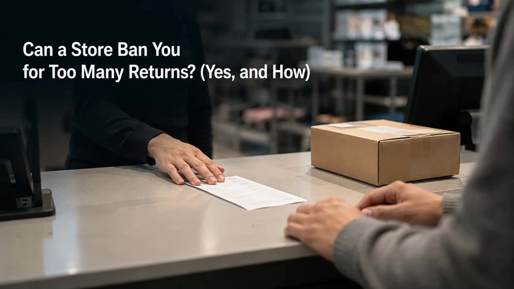 Store associate quietly returns a declined return slip across a retail counter while a shopper waits with a boxed item at customer service.