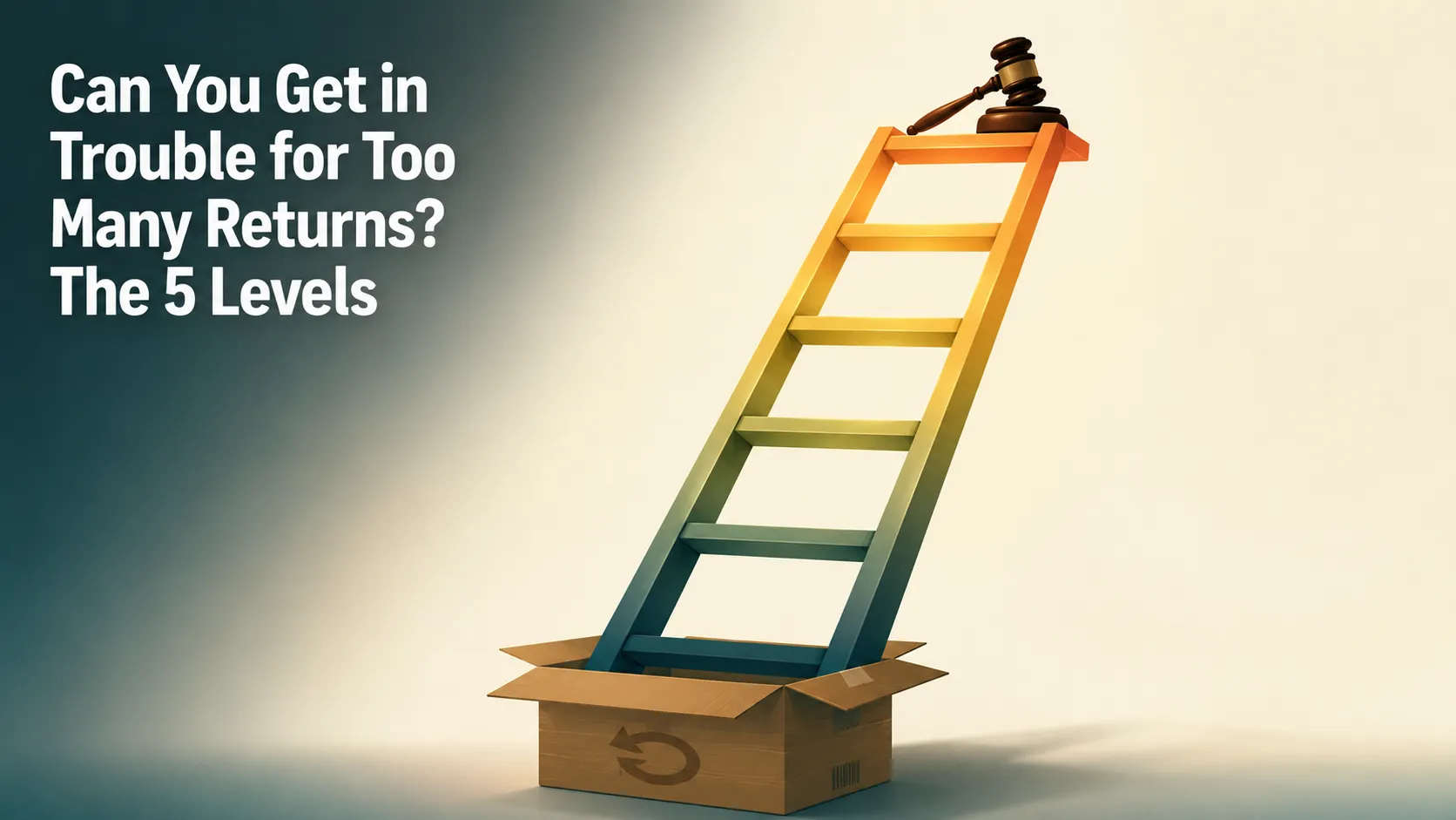 Editorial illustration of a five-rung ladder rising from an open return box to a small gavel, symbolizing the progression from ordinary product returns to potential legal consequences.