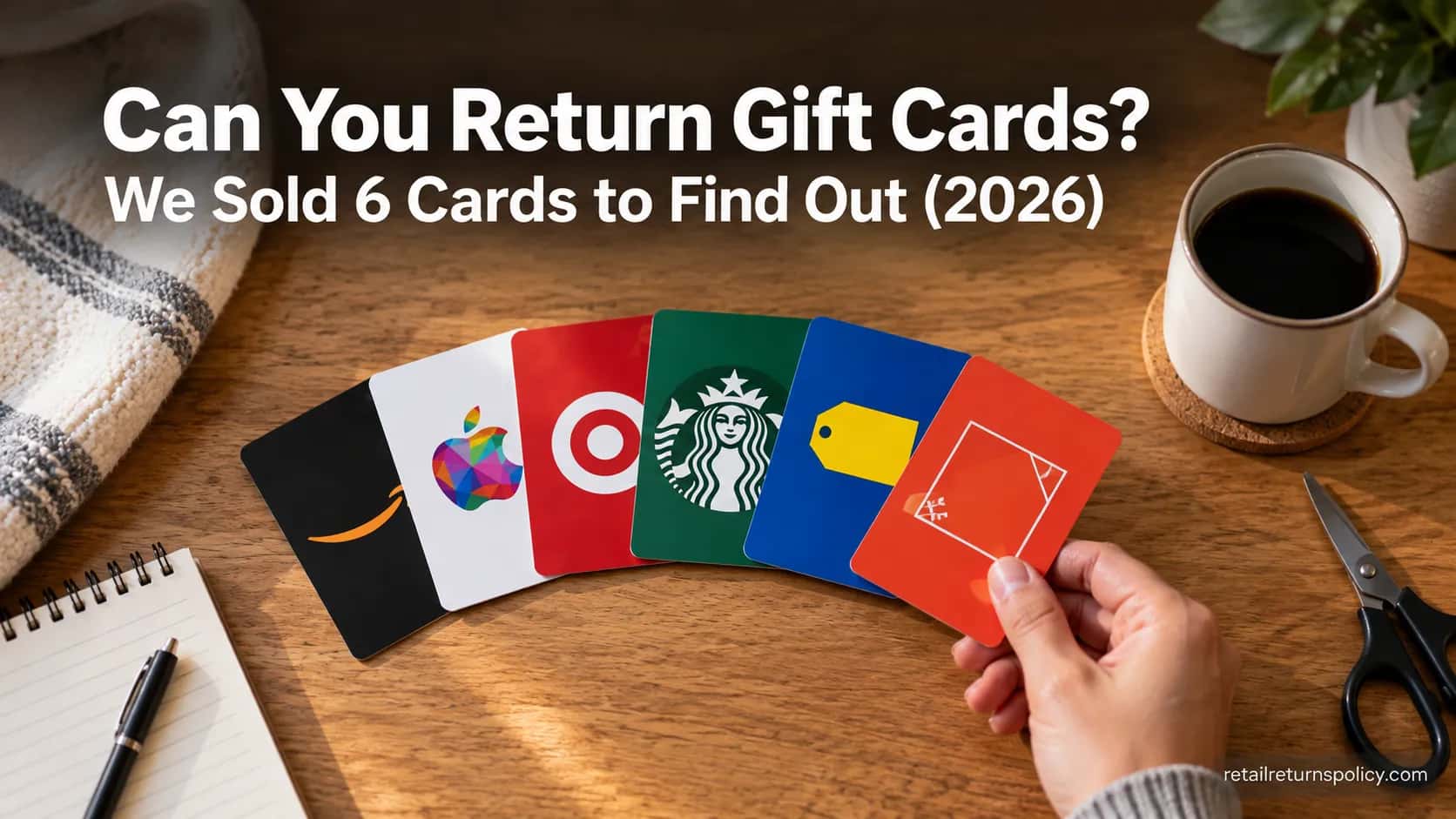 Assorted gift cards fanned on a table illustrating whether you can return gift cards for money.