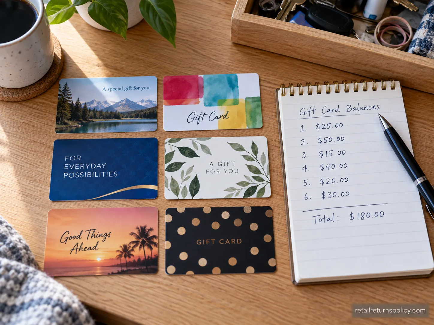 Six unused gift cards with a handwritten balance tally showing the value you can recover.
