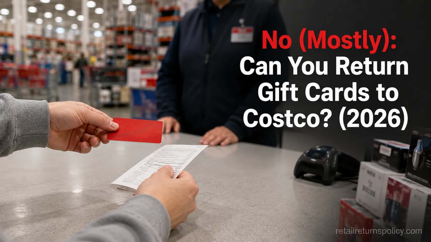 Shopper handing a red gift card and receipt across a Costco returns counter to an associate.