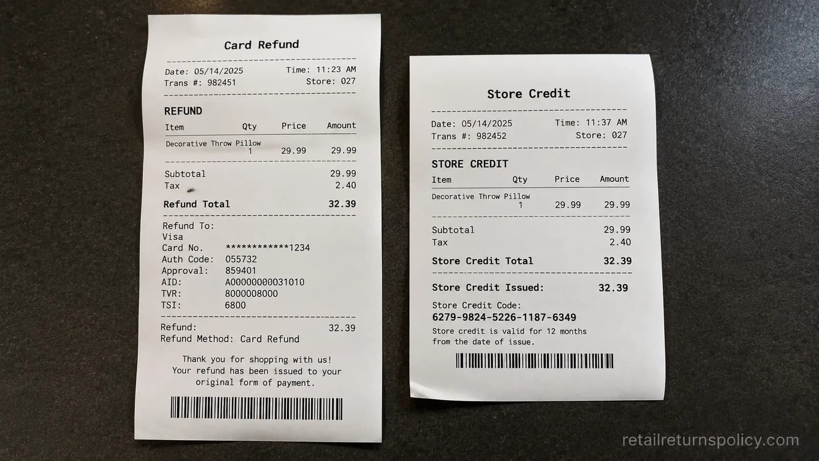 A card refund receipt beside a store credit slip from the same store showing return enforcement variance.
