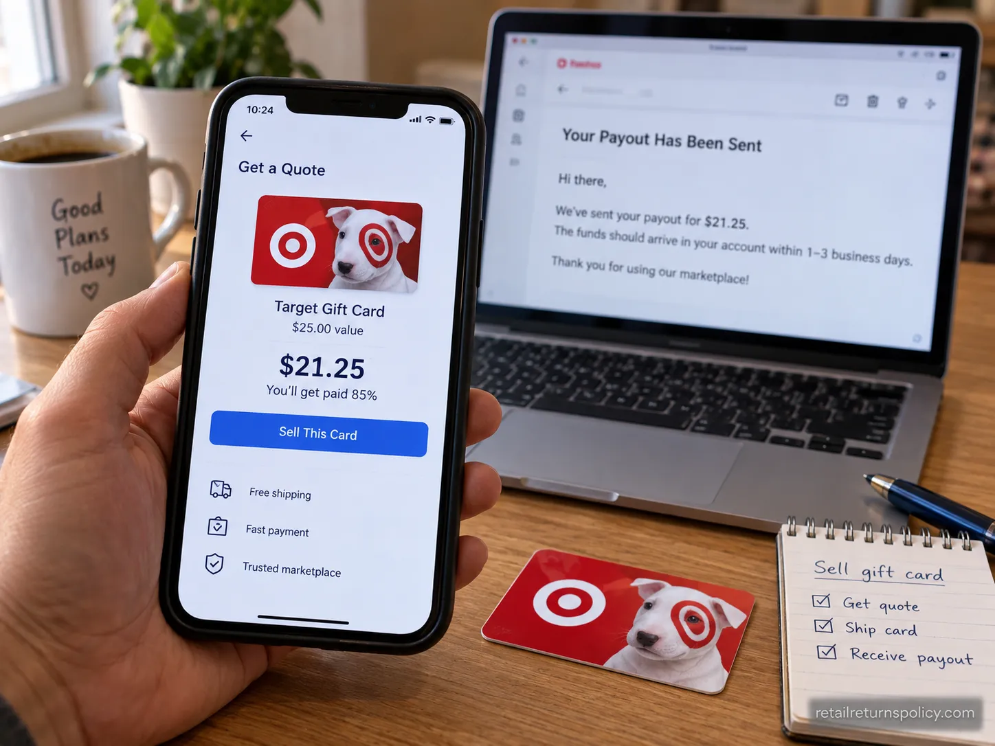 Phone showing a resale quote and payout confirmation for selling a gift card for cash.