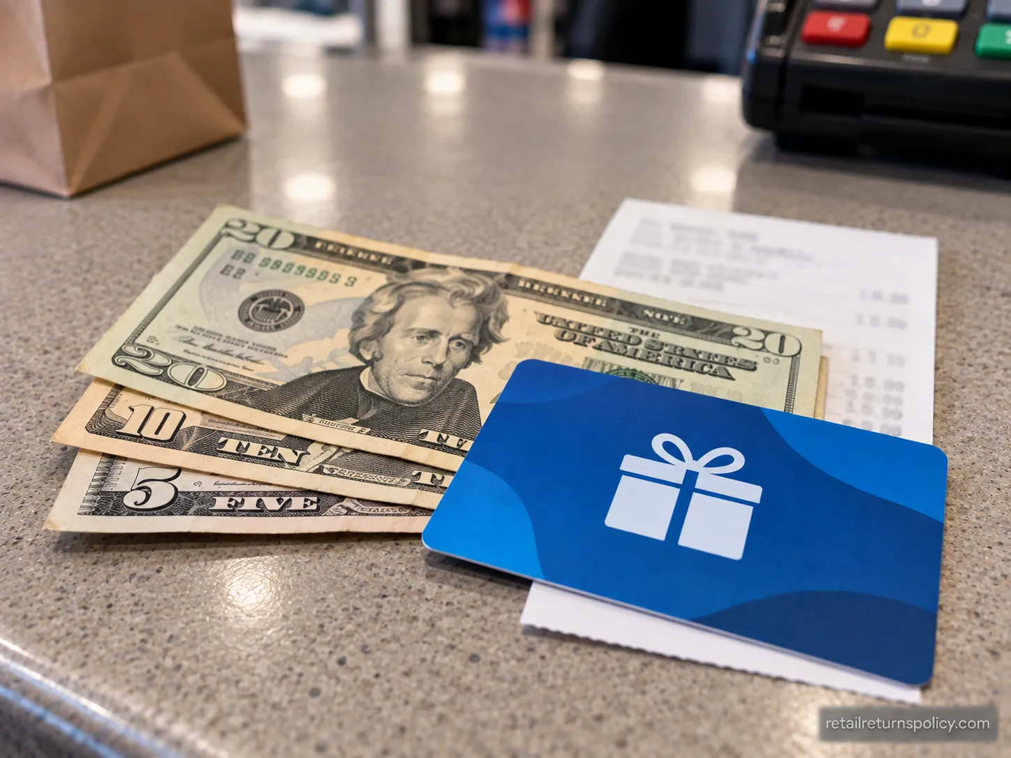 cash and a store gift card from two no-receipt returns on a single trip