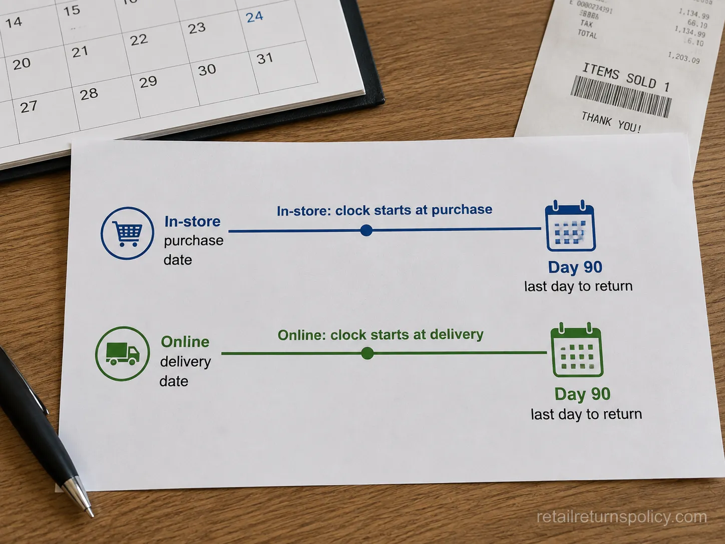 Diagram showing how Costco’s 90-day electronics return clock starts for in-store versus online purchases.
