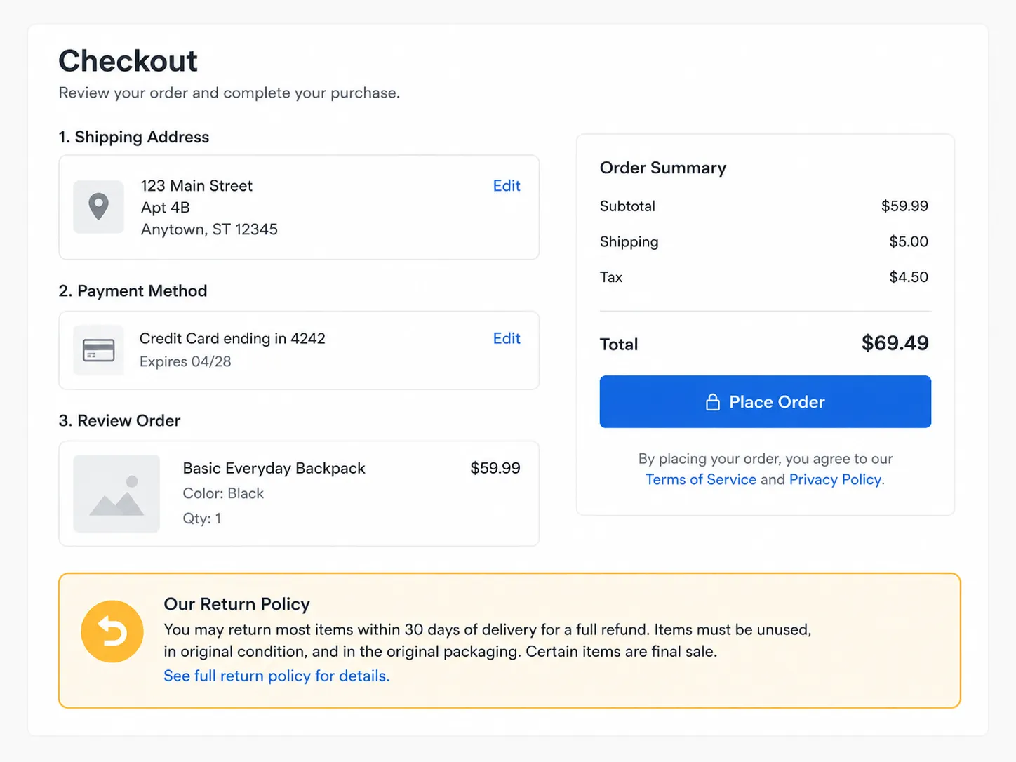 Illustration of a generic online checkout page with the return policy section prominently highlighted, showing where shoppers can review return terms before completing a purchase.