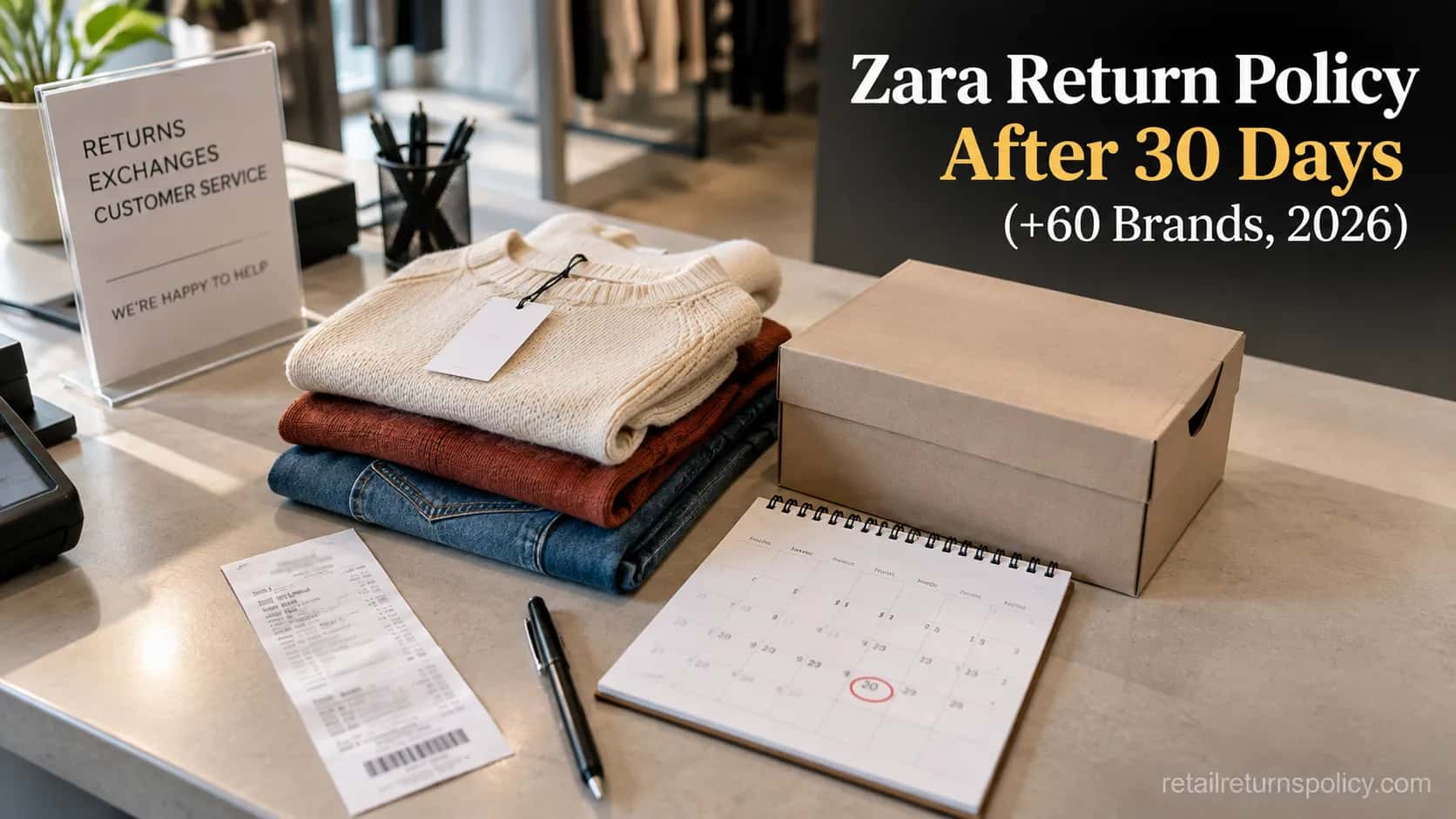 Retail returns counter with folded clothes, a shoebox, a calendar and a receipt illustrating clothing and shoe store return windows in 2026.