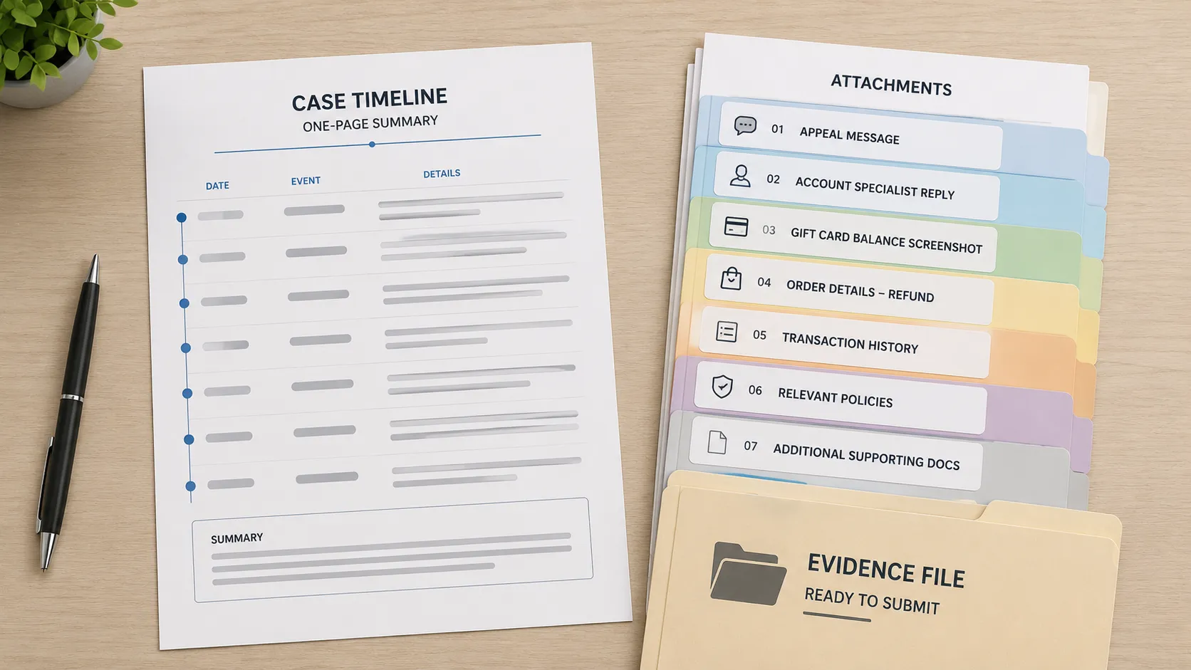 Representative evidence file showing a one-page complaint timeline document alongside an organized folder of labeled supporting attachments, prepared for submission, with no real personal information