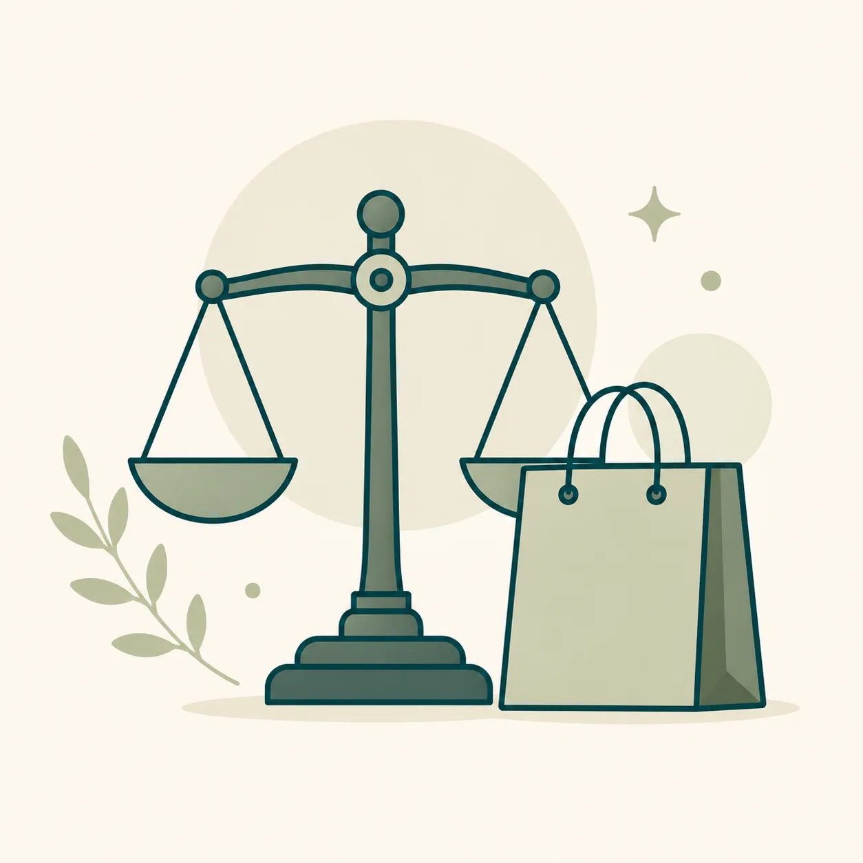 Flat vector illustration of a balance-scale icon beside a shopping bag, representing the distinction between consumer protection laws and store return policies.