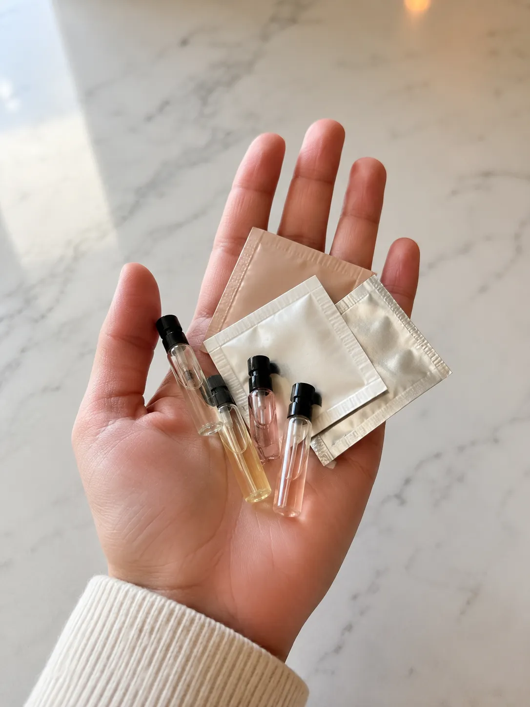 Representative illustration of an open palm holding small unlabeled cosmetic sample vials and foil sachets over a light marble surface in soft natural light.