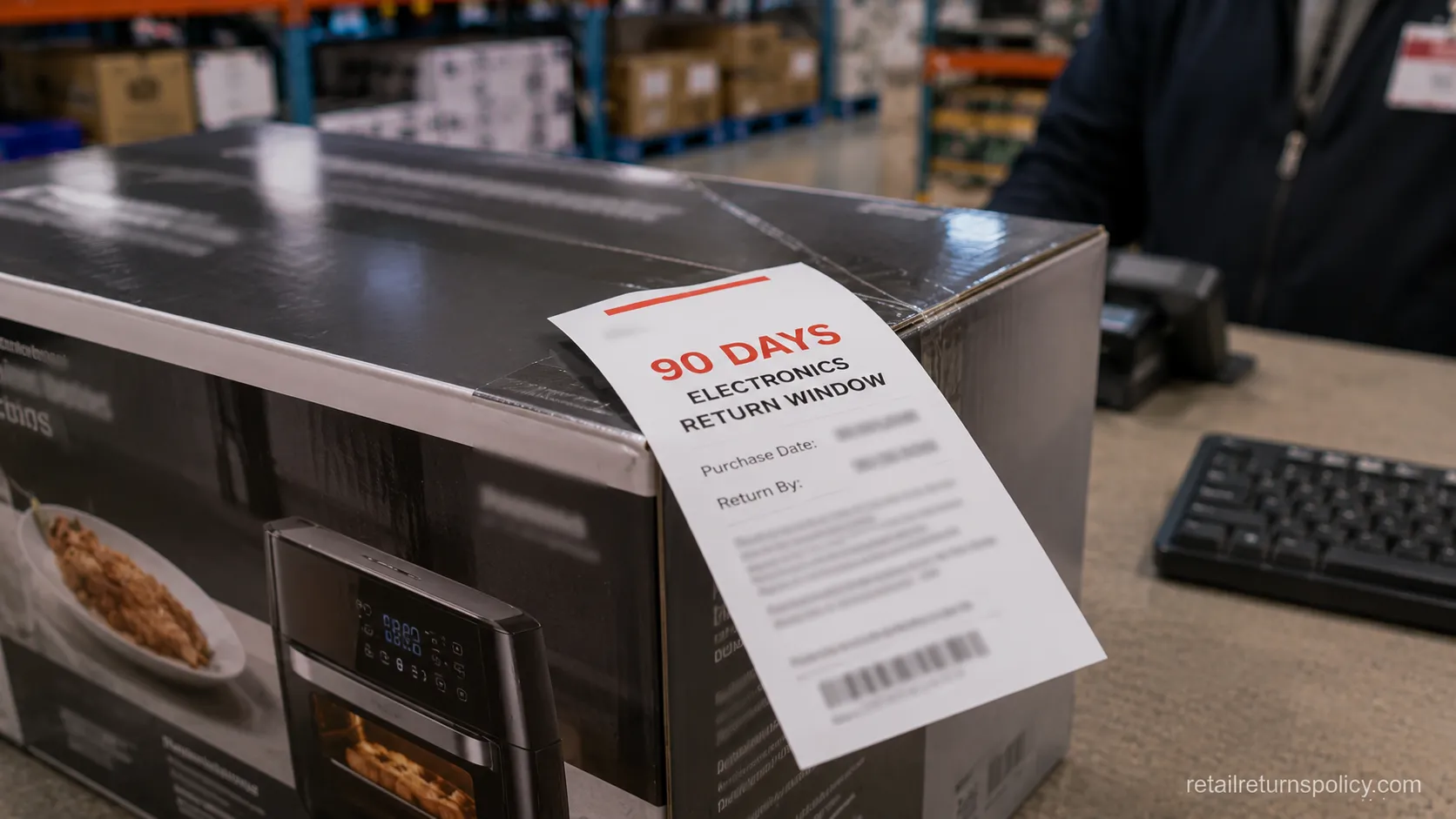 Costco 90-day electronics return window shown on a tag beside a boxed appliance