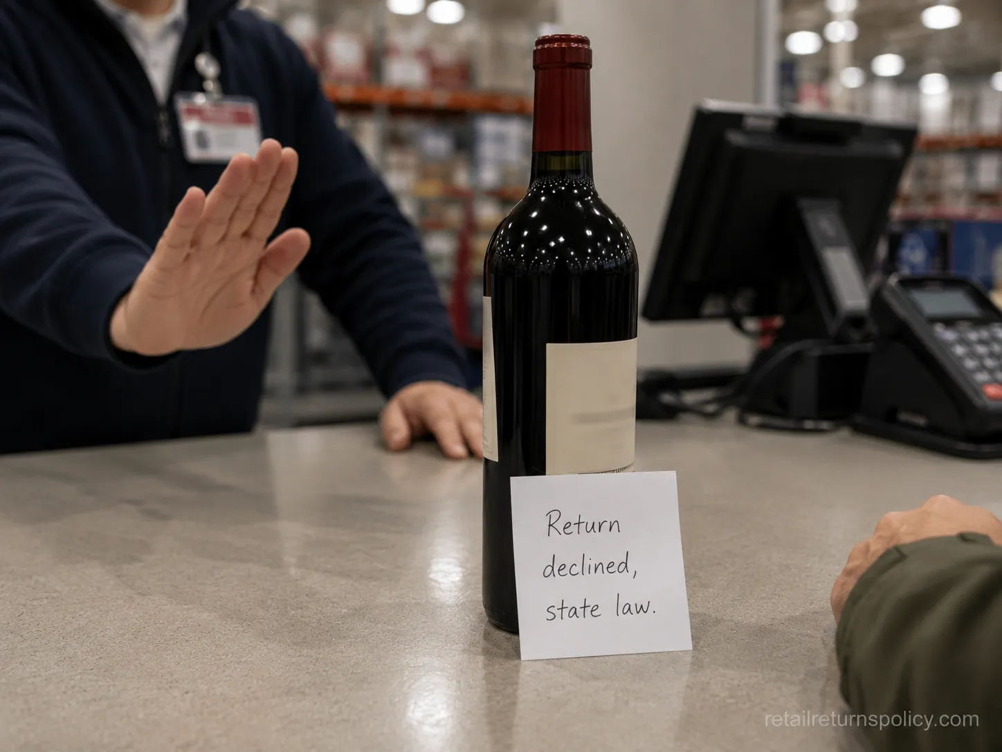 Alcohol return declined at Costco because of state law restrictions.