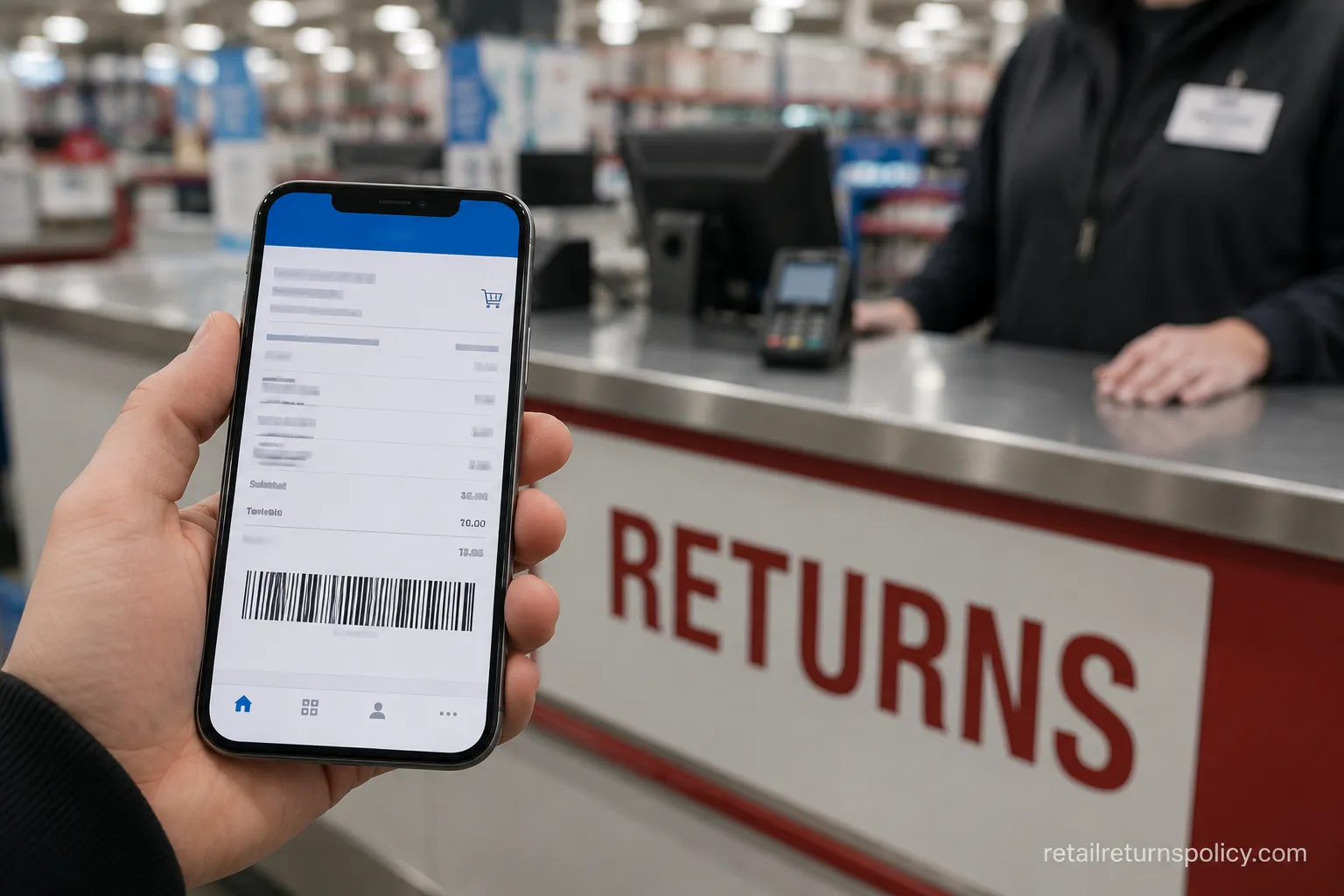 Phone showing a Costco app digital receipt at a returns counter, illustrating 2026 receipt verification and return tracking.
